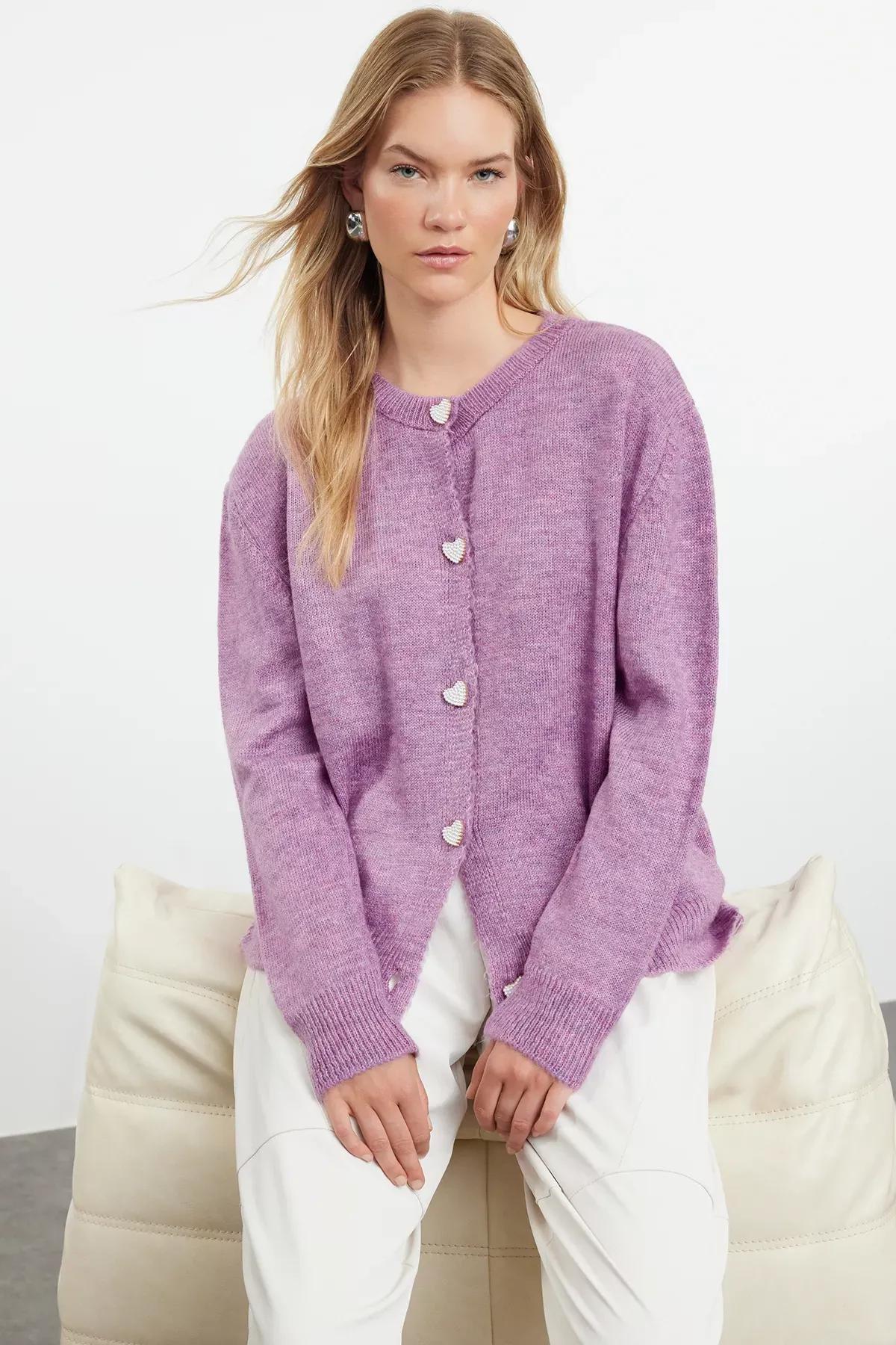 Purple Crew Neck Cardigan, , large image number 0