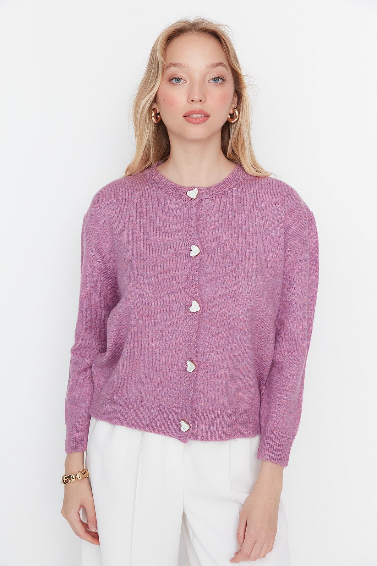 Purple Crew Neck Cardigan, Purple, large image number 1