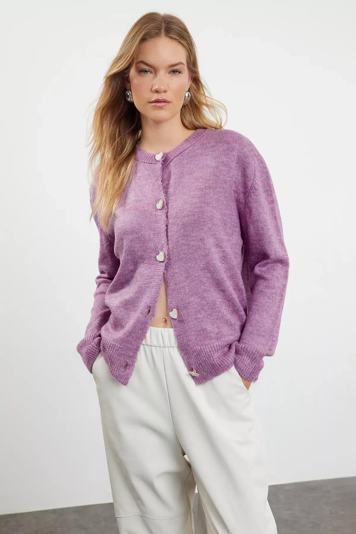 Purple Crew Neck Cardigan, , large image number 2