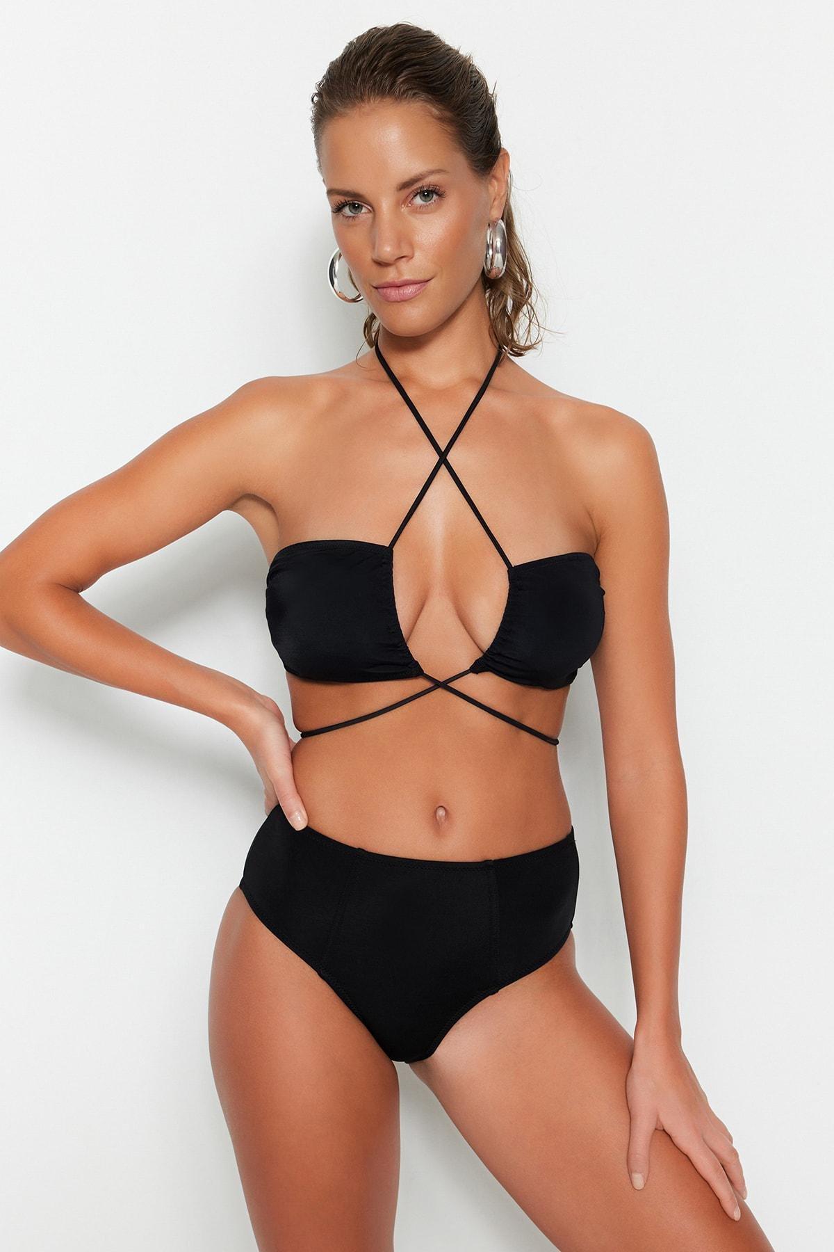 Black Plain Mid Waist Bikini Bottom, Black, large image number 1