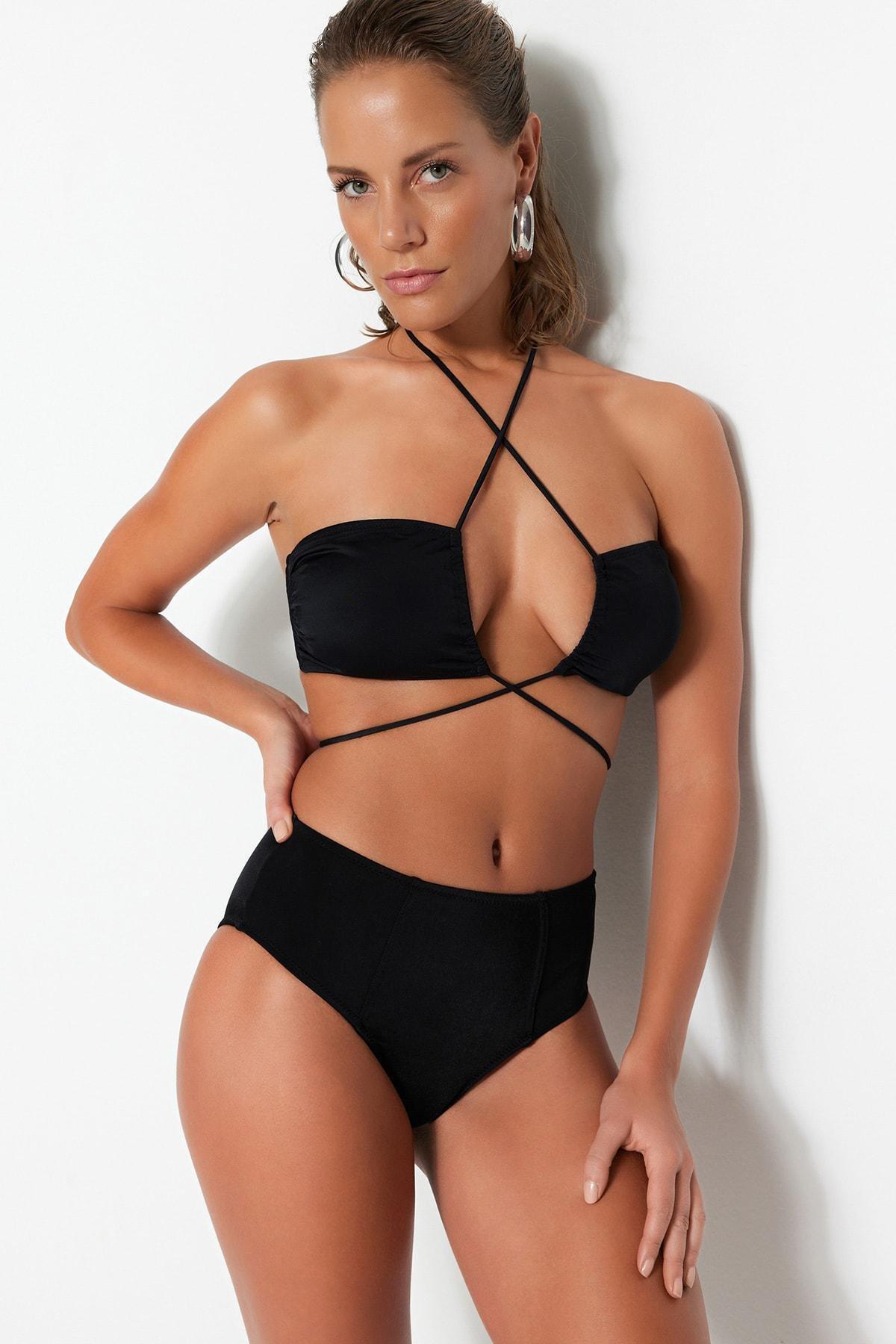 Black Plain Mid Waist Bikini Bottom, Black, large image number 2
