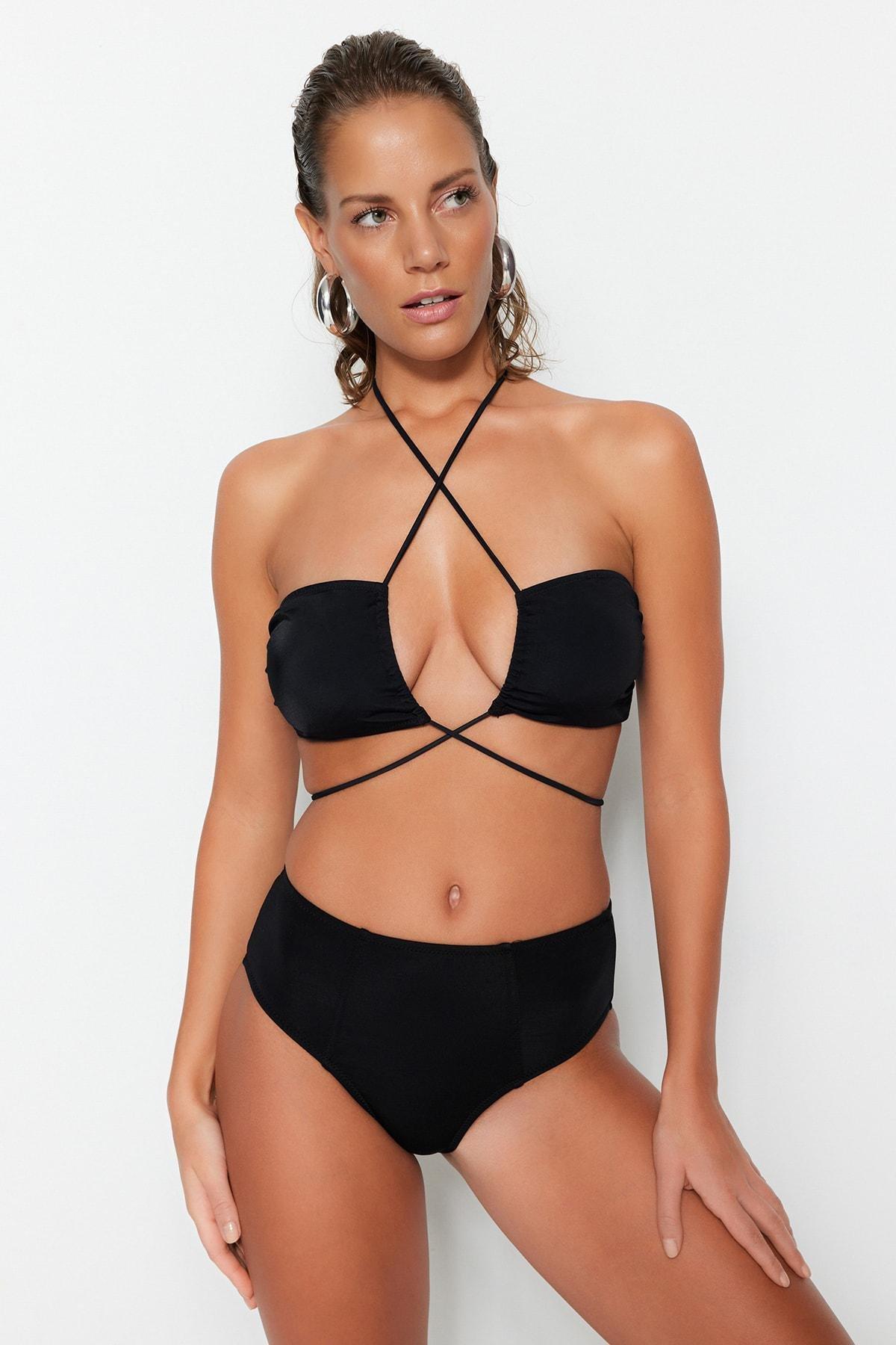 Black Plain Mid Waist Bikini Bottom, Black, large image number 3