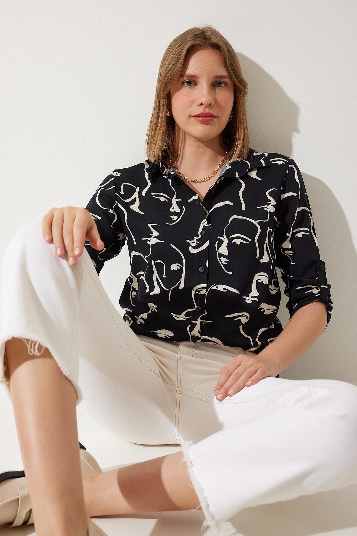 Happiness Istanbul - Black Animal Print Collared Shirt