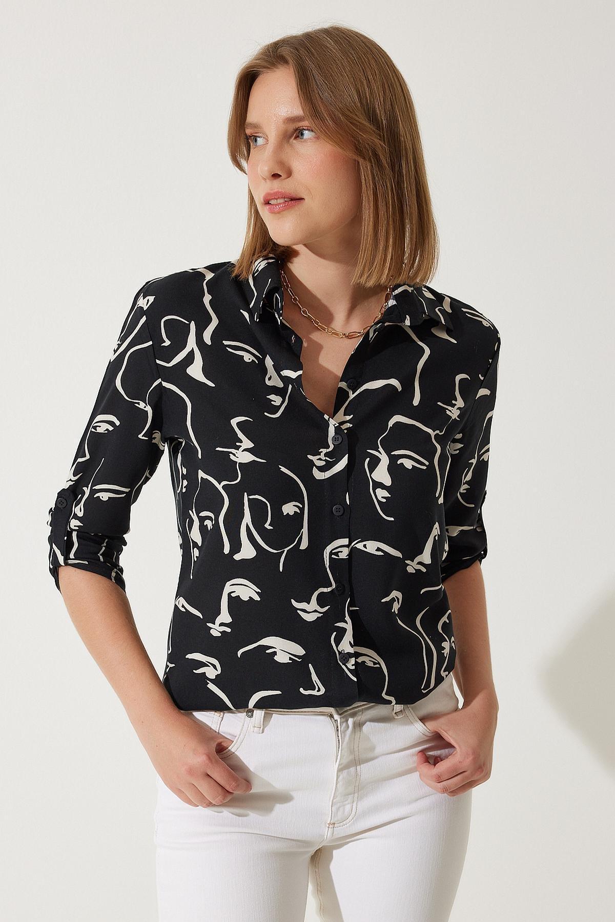 Happiness Istanbul - Black Animal Print Collared Shirt