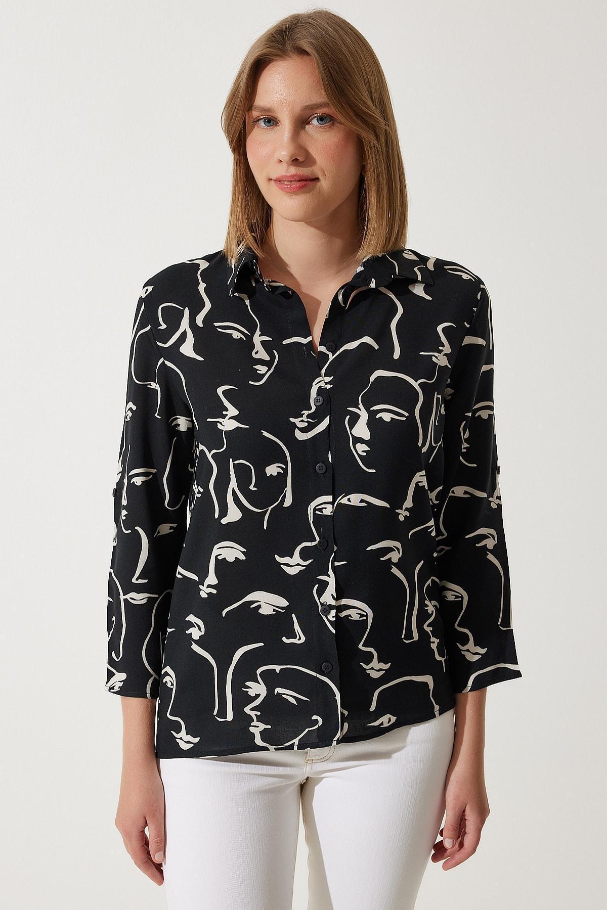 Happiness Istanbul - Black Animal Print Collared Shirt
