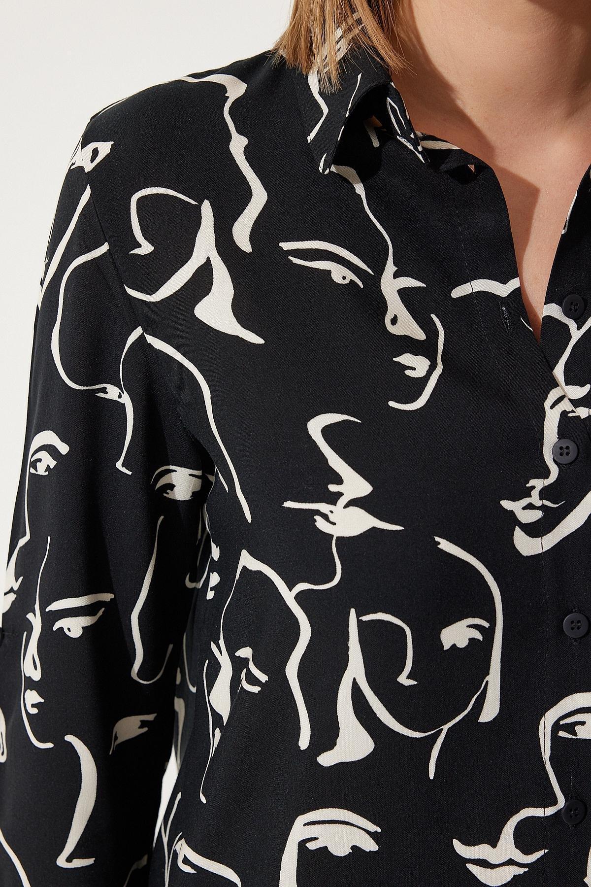 Happiness Istanbul - Black Animal Print Collared Shirt