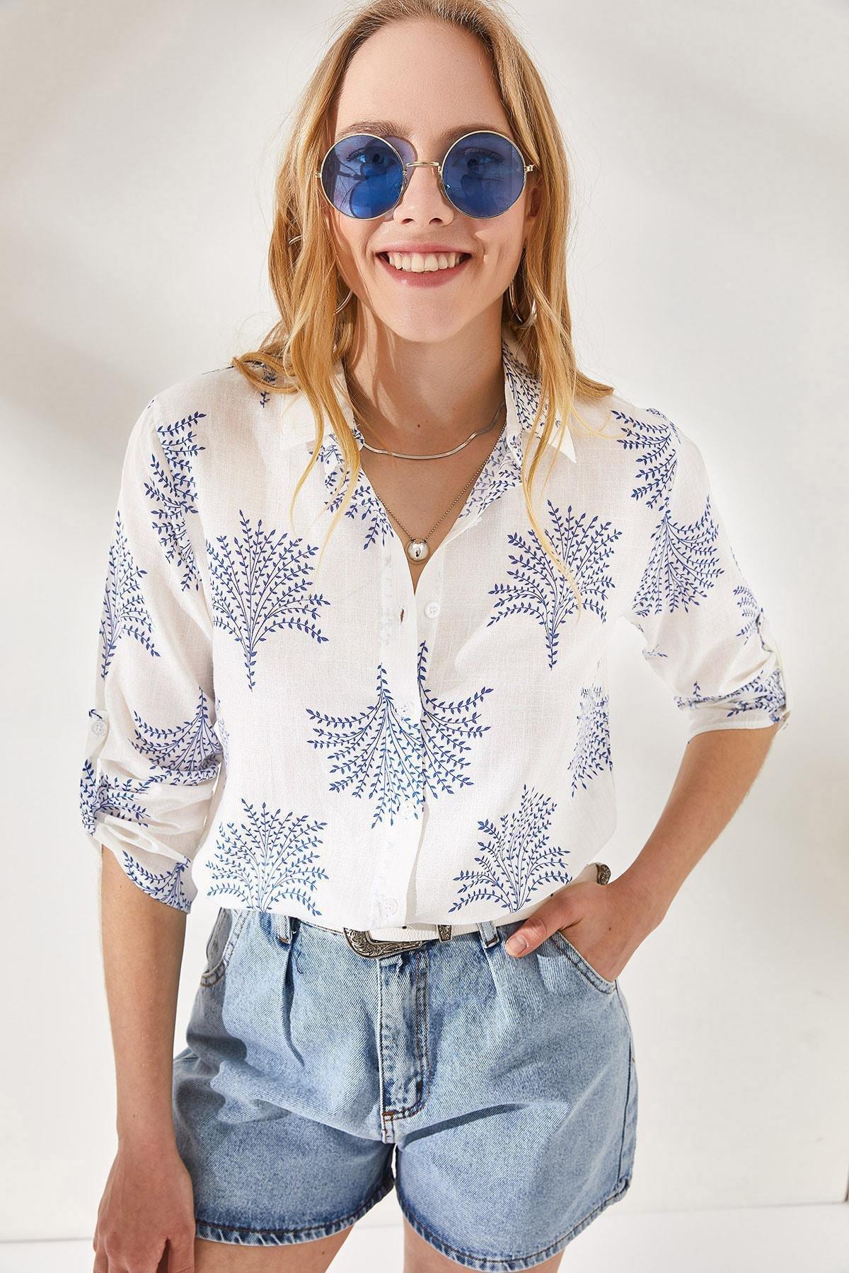 Navy Folding Sleeves Linen Shirt, Fan Navy Blue, large image number 0