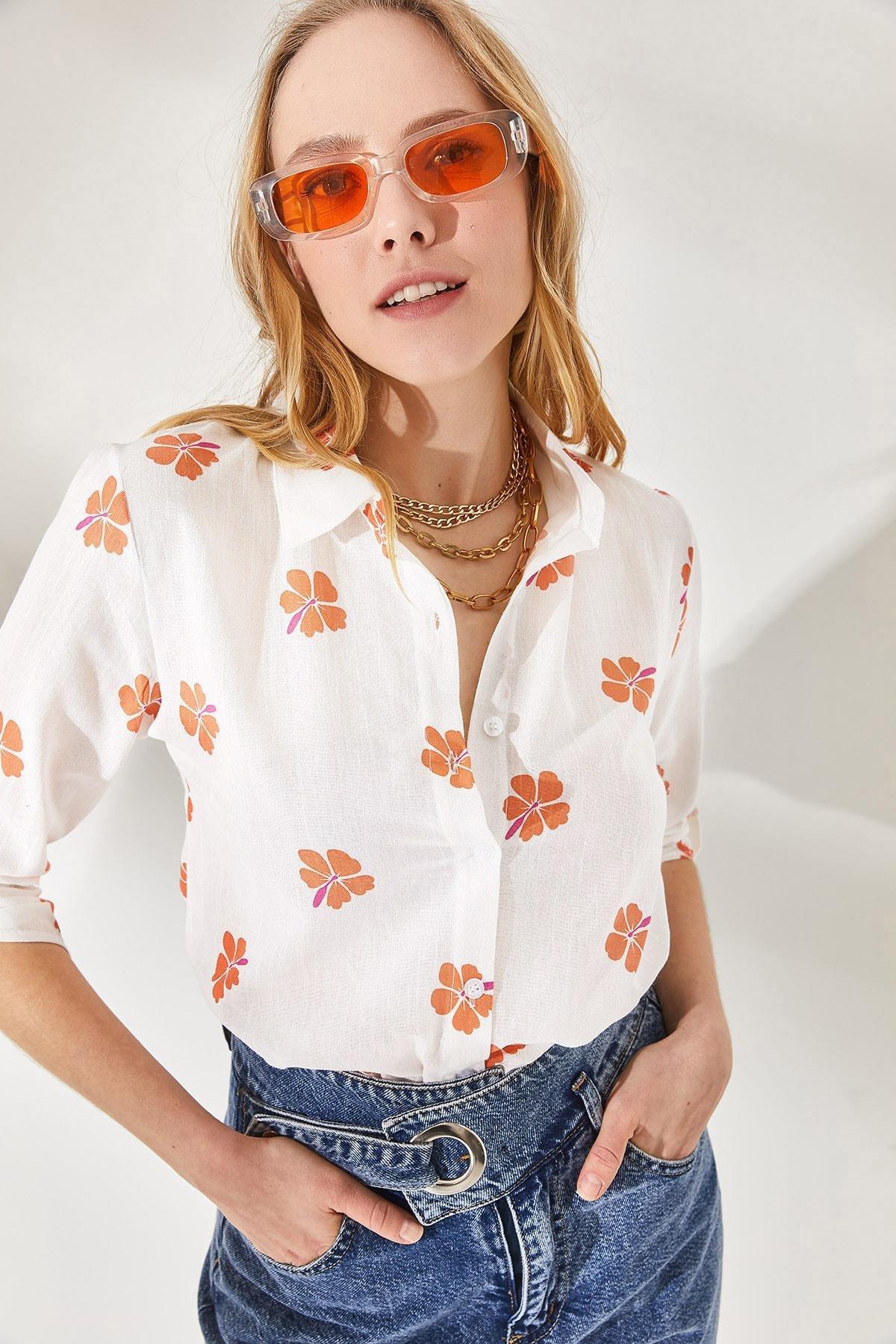 Orange Fold Sleeve Detailed Shirt, , large image number 0