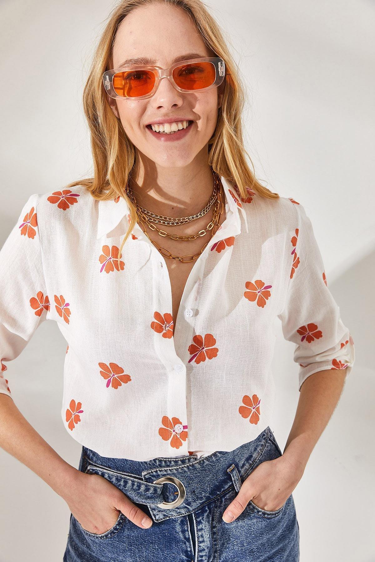 Orange Fold Sleeve Detailed Shirt, , large image number 1