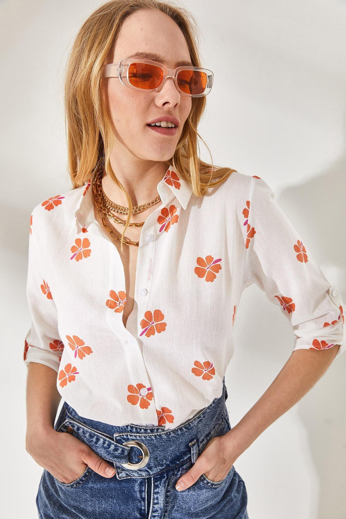 Orange Fold Sleeve Detailed Shirt, , large image number 2
