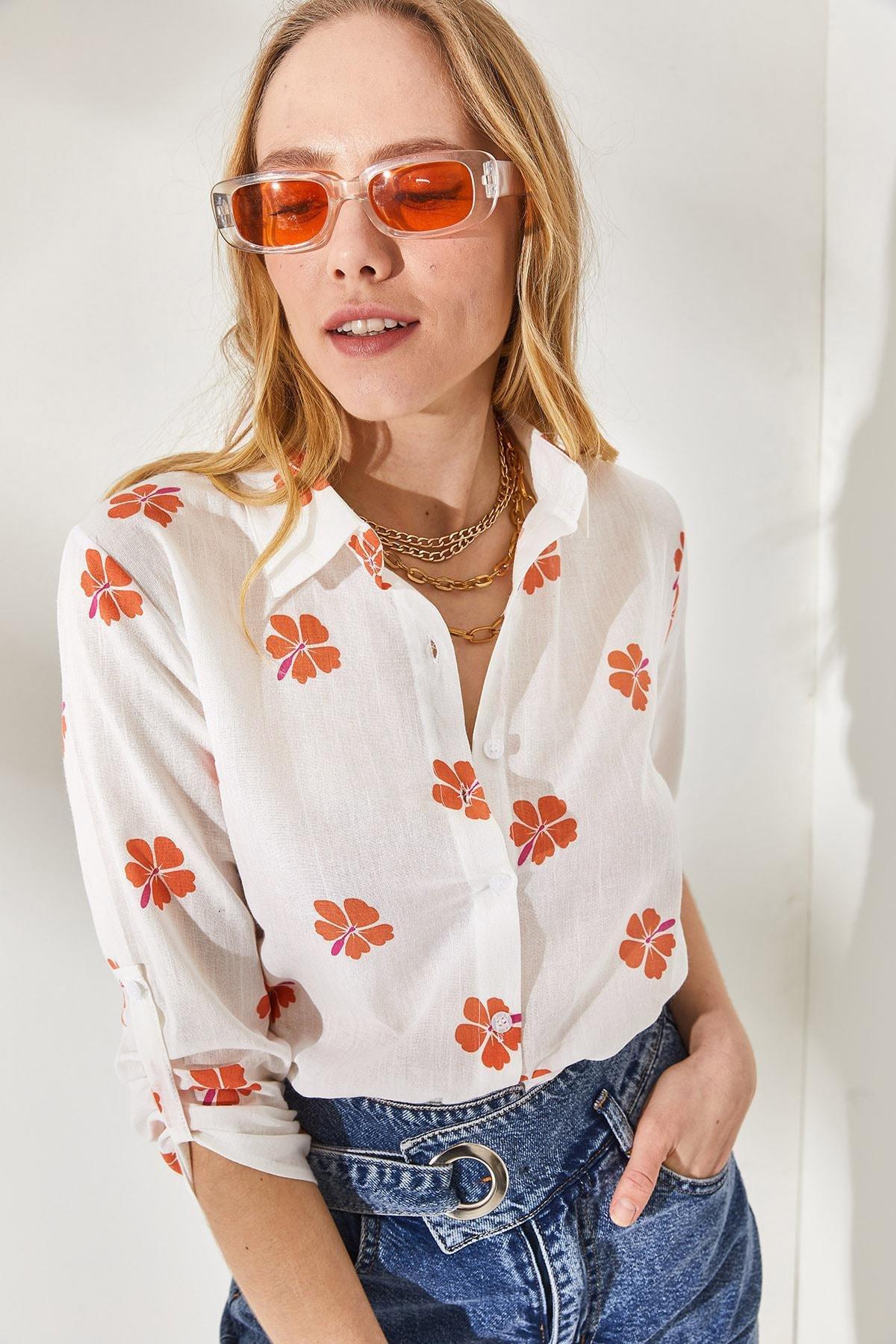 Orange Fold Sleeve Detailed Shirt, , large image number 4