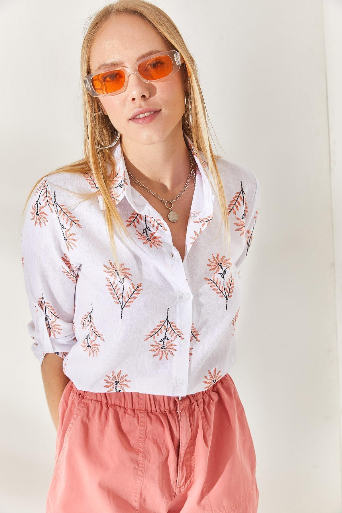 Wind Rose Orange Fold Sleeve Linen Shirt GML-19000825, single, , large image number 0