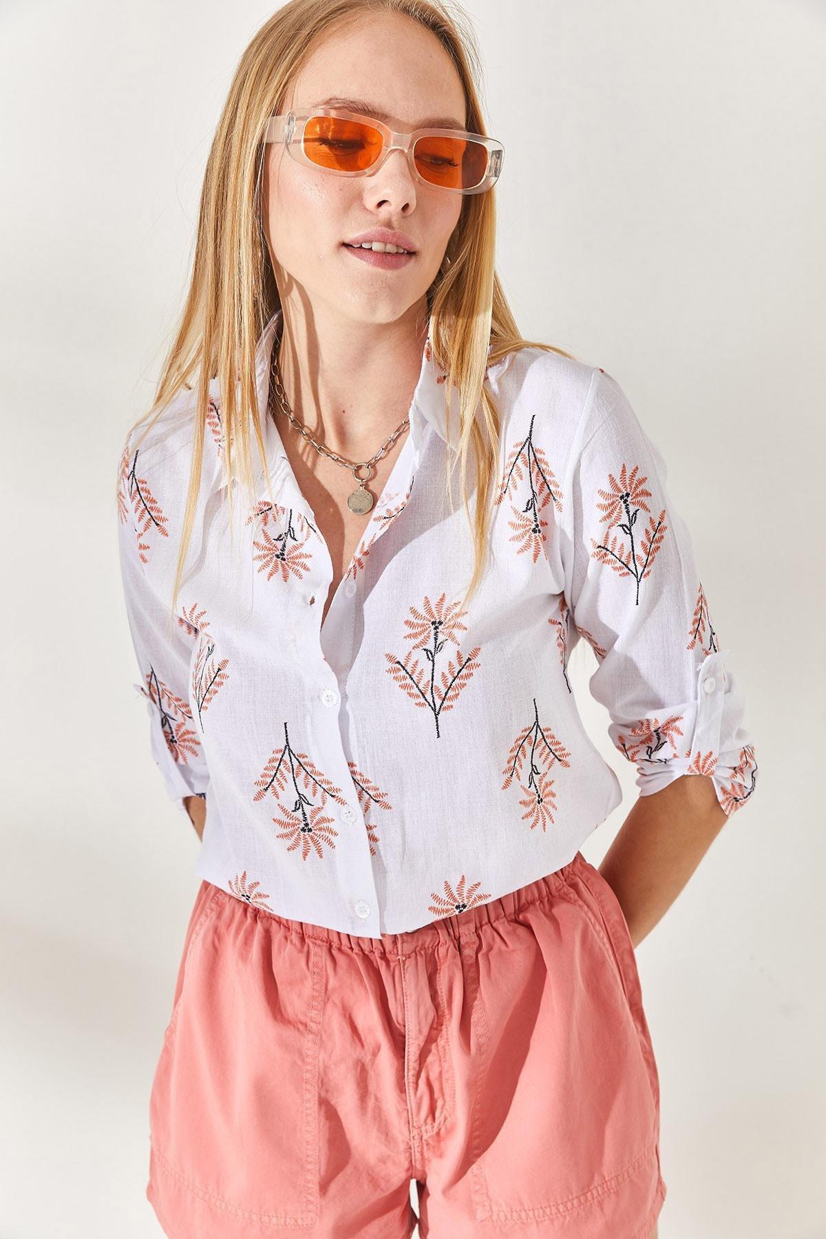 Wind Rose Orange Fold Sleeve Linen Shirt GML-19000825, single, , large image number 1