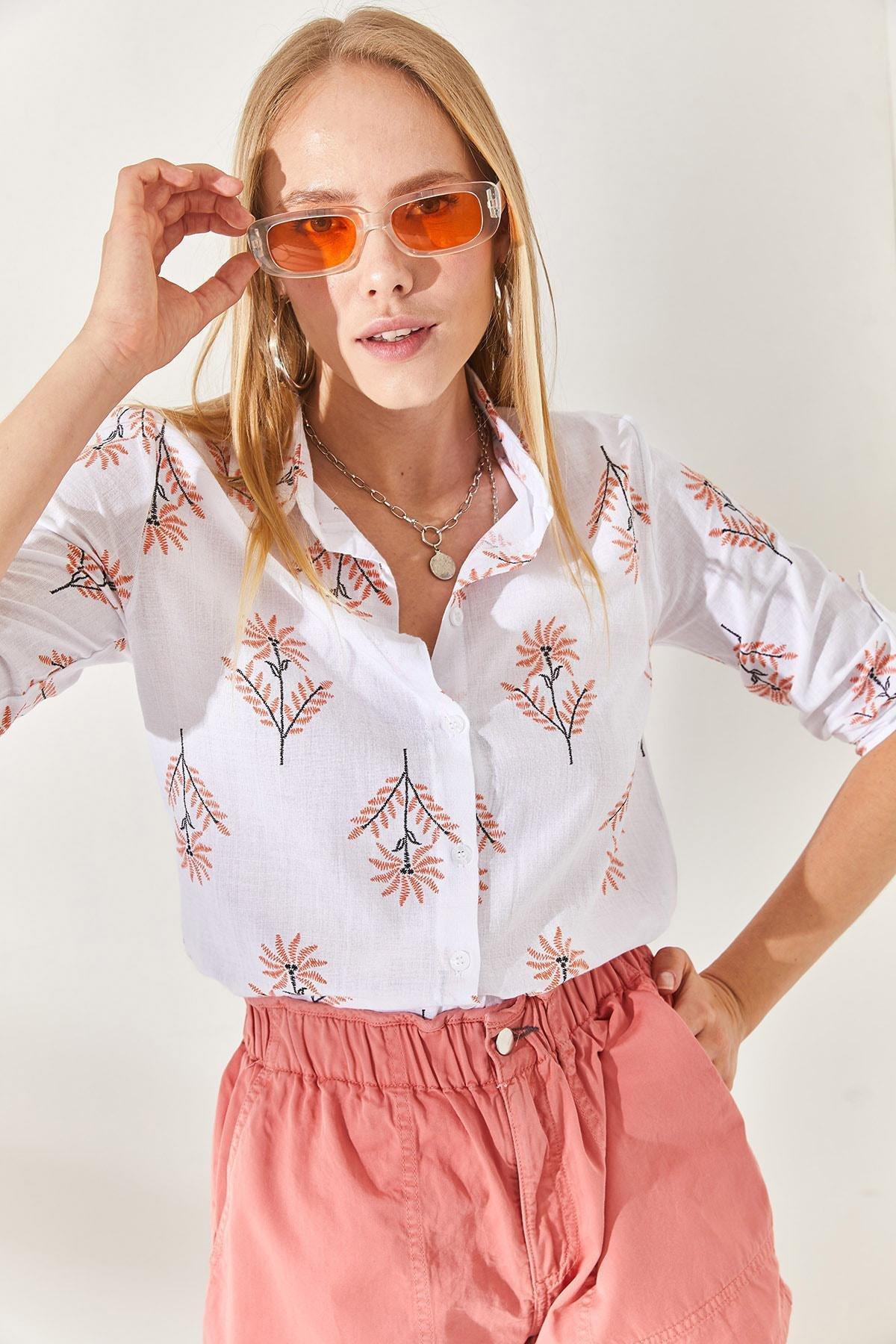 Wind Rose Orange Fold Sleeve Linen Shirt GML-19000825, single, , large image number 2