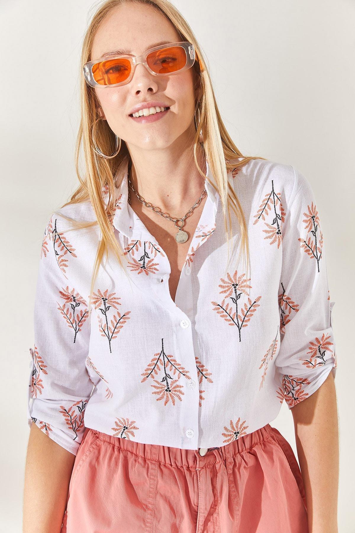 Wind Rose Orange Fold Sleeve Linen Shirt GML-19000825, single, , large image number 3
