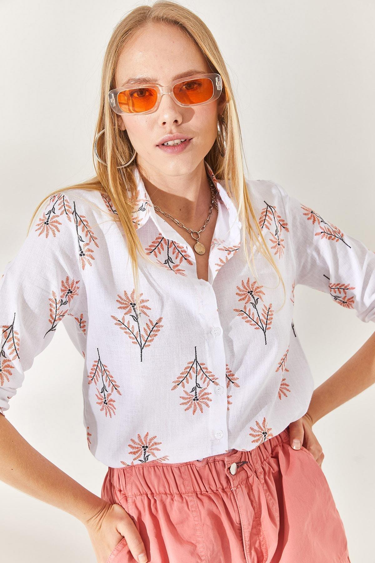Wind Rose Orange Fold Sleeve Linen Shirt GML-19000825, single, , large image number 4