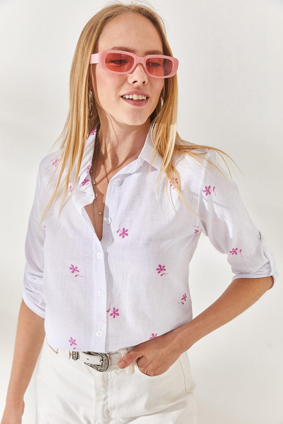 Tiny Ecru Fuchsia Folded Sleeve Linen Shirt GML-19000825, single, , large image number 1