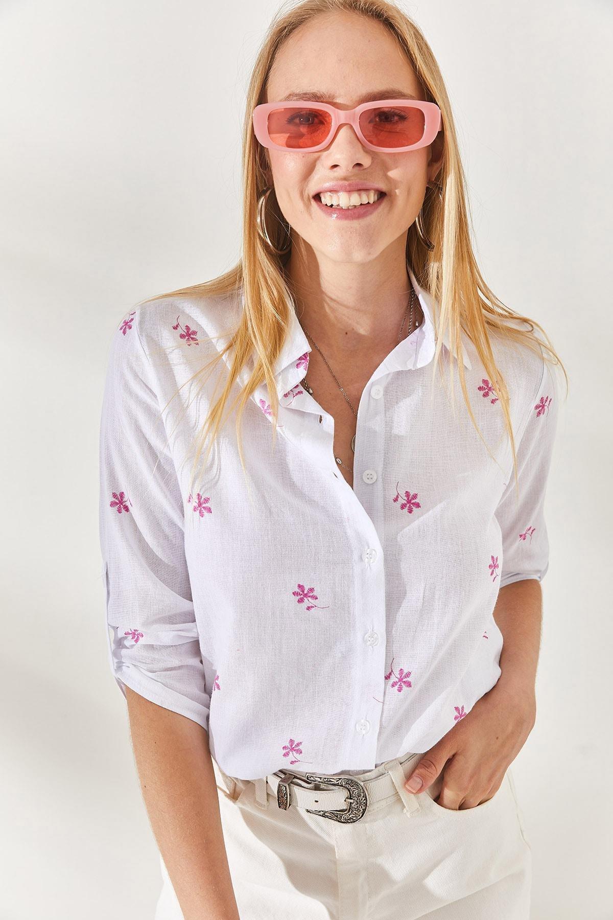 Tiny Ecru Fuchsia Folded Sleeve Linen Shirt GML-19000825, single, , large image number 2