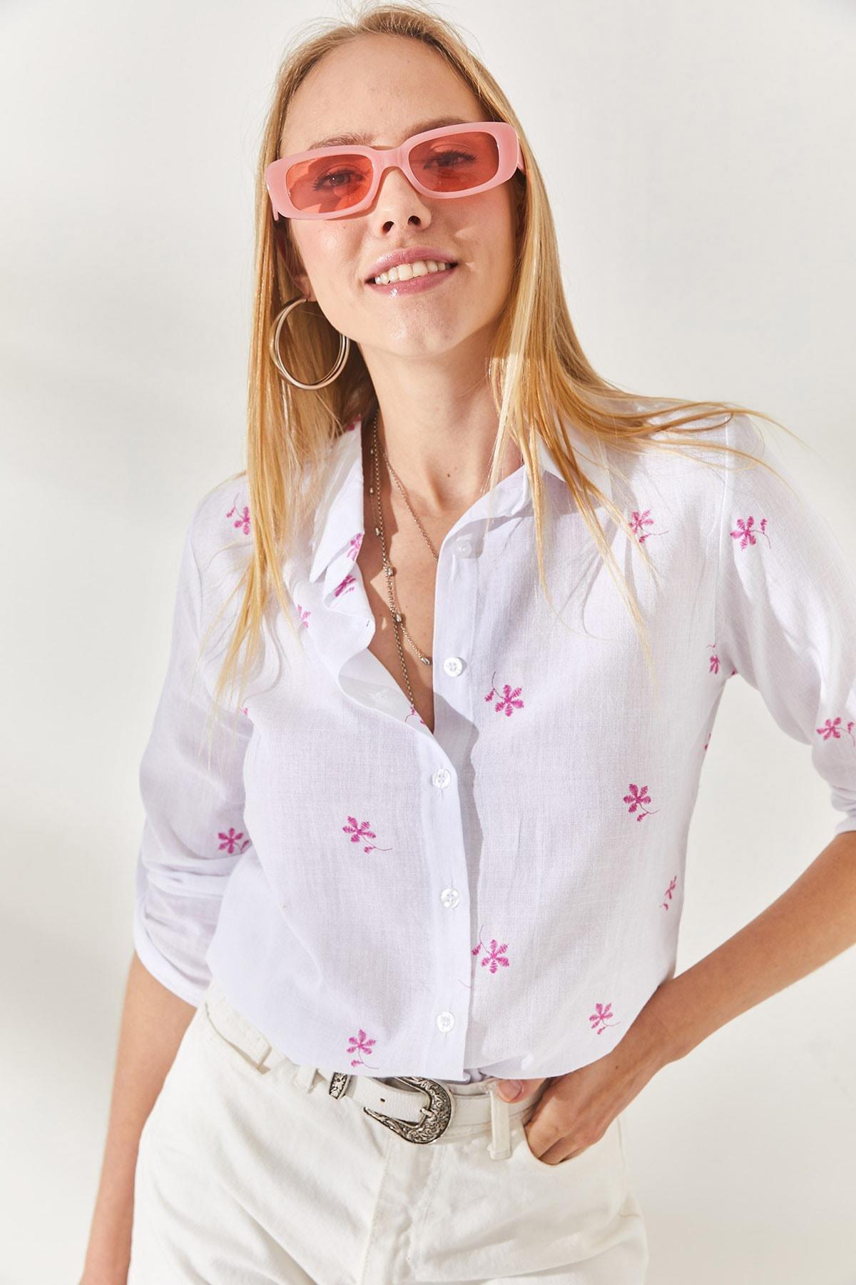 Tiny Ecru Fuchsia Folded Sleeve Linen Shirt GML-19000825, single, , large image number 3