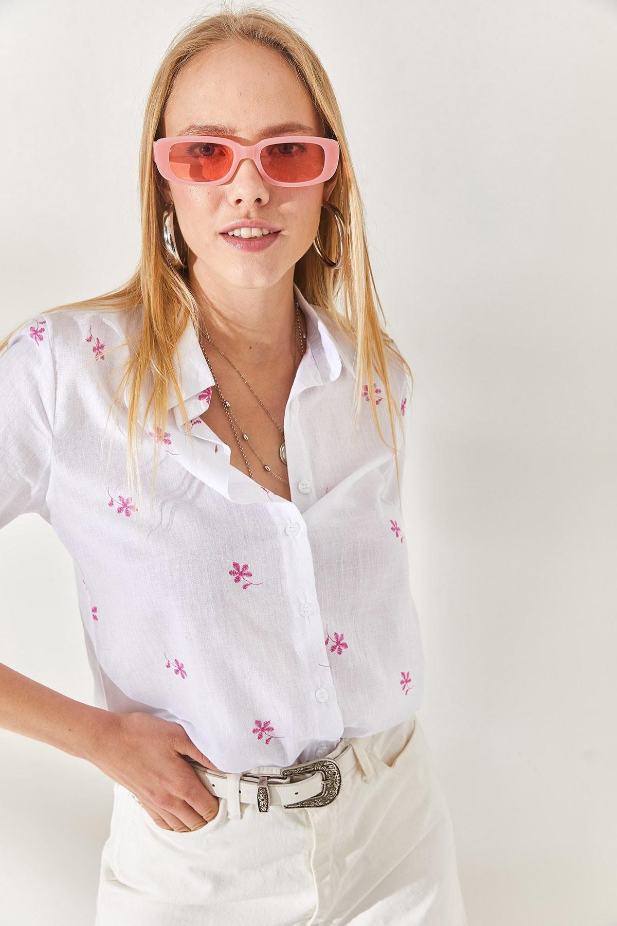 Tiny Ecru Fuchsia Folded Sleeve Linen Shirt GML-19000825, single, , large image number 4