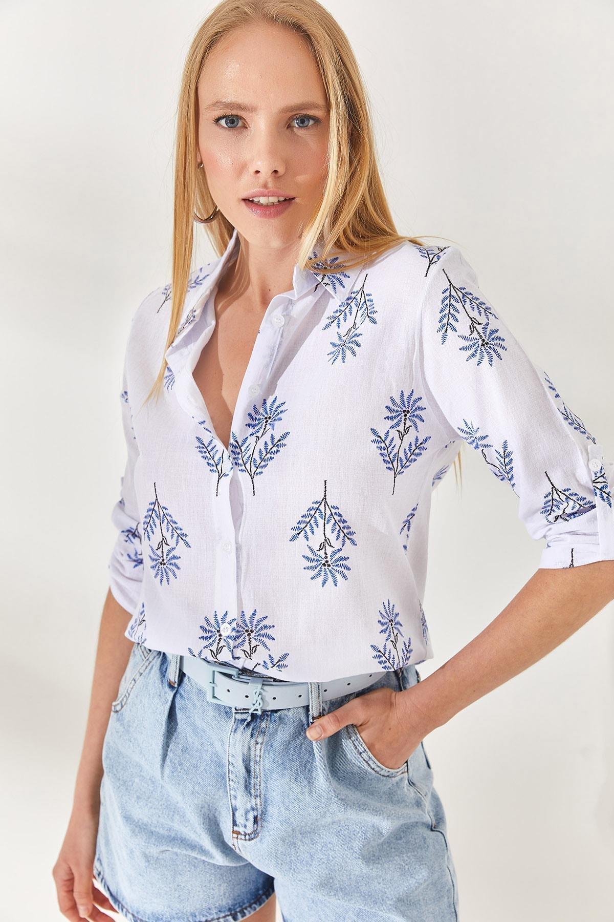 White Folding Sleeves Linen Shirt, , large image number 0