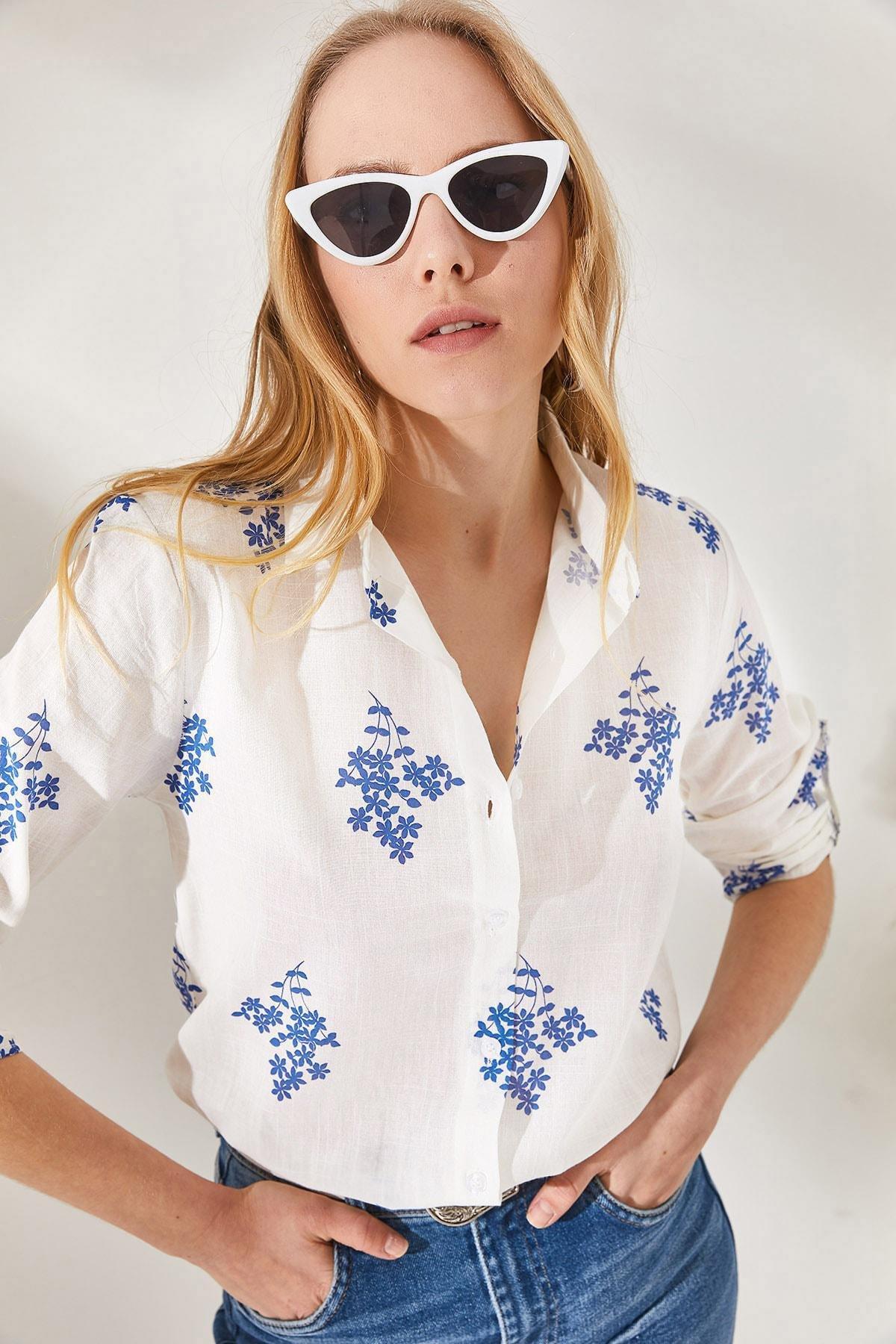 Navy Floral Foldable Linen Shirt, , medium