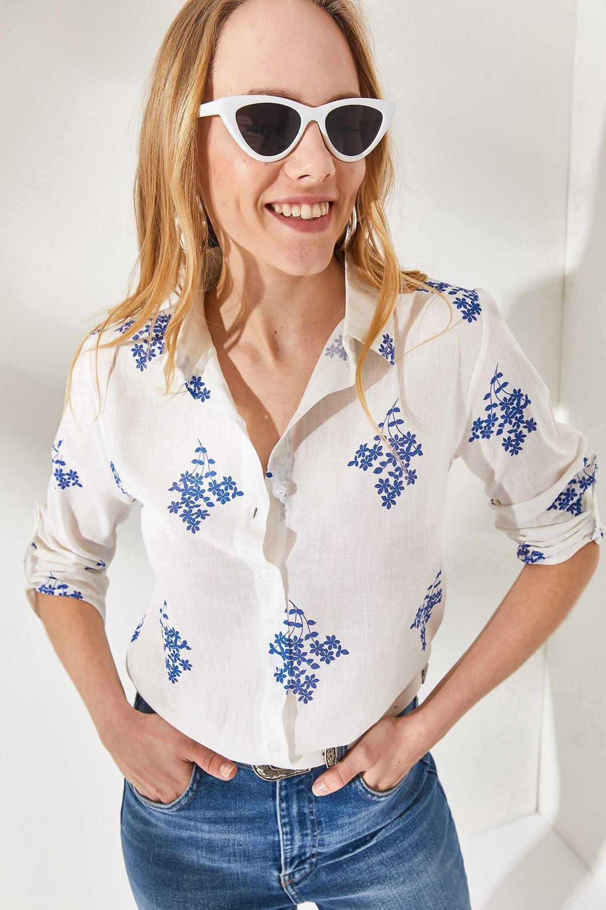 Navy Floral Foldable Linen Shirt, Floral Navy Blue, large image number 1