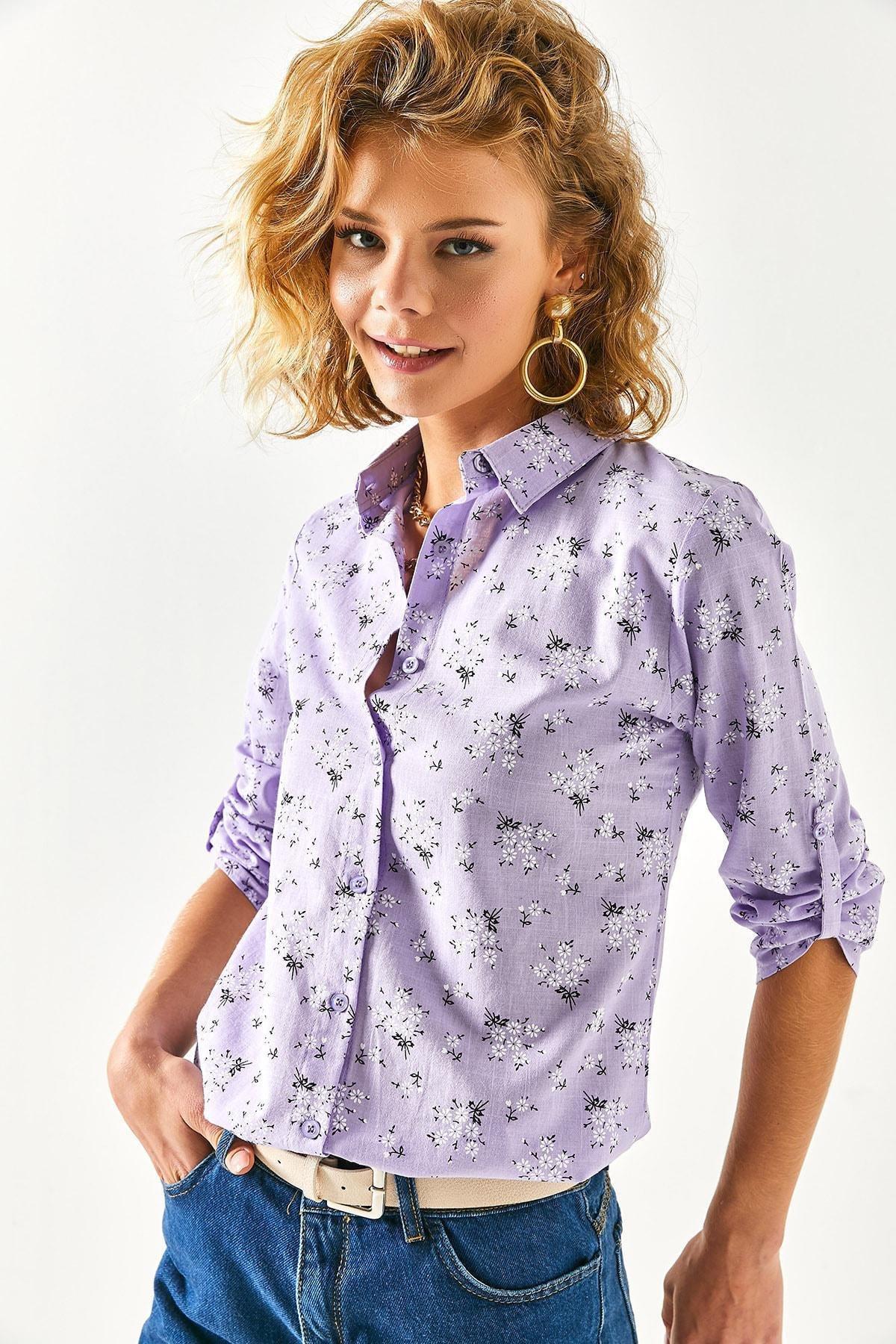 Womens Lilac Floral Fold Sleeve Linen Shirt GML-19000825, single, , large image number 4