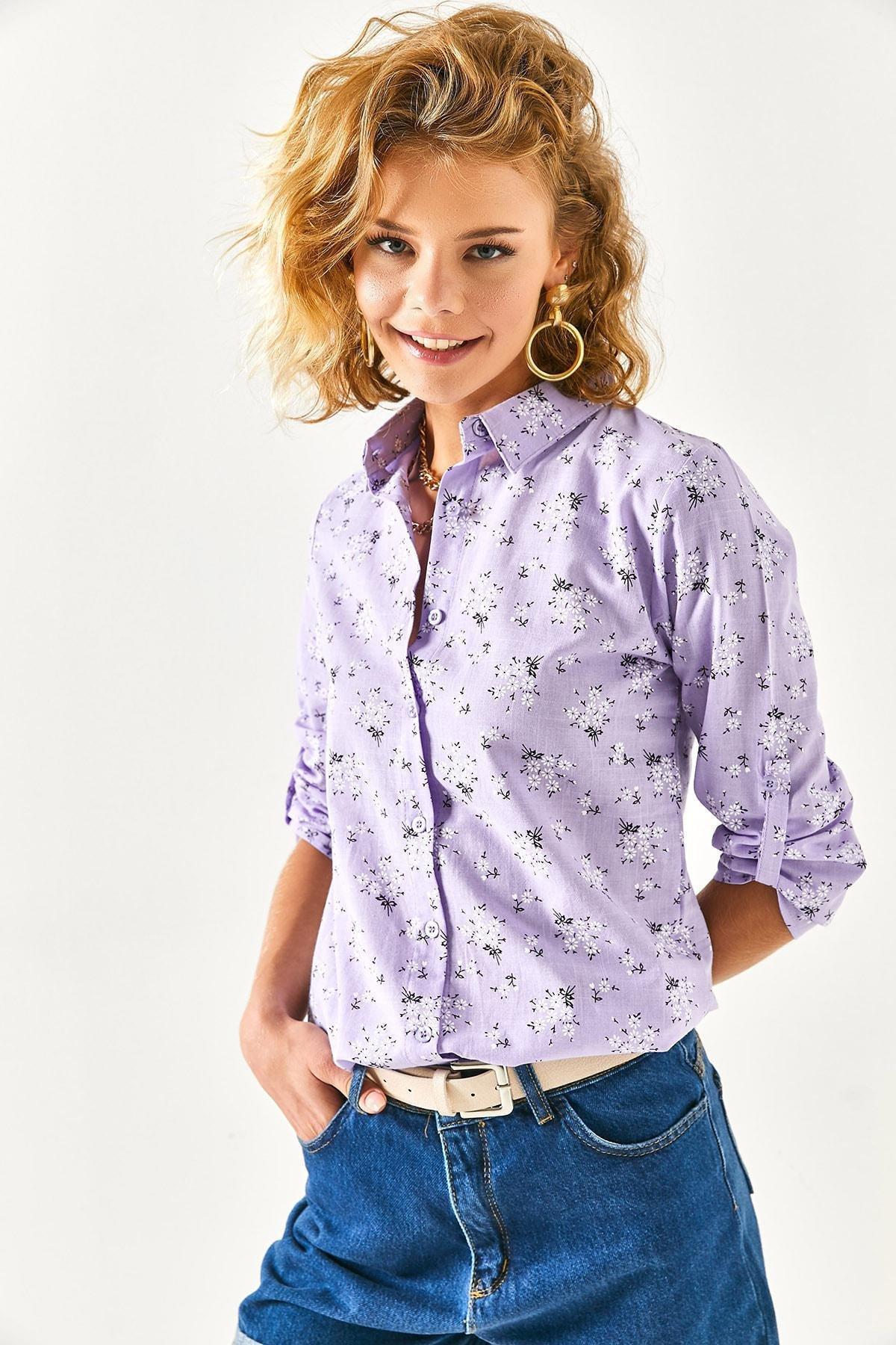 Womens Lilac Floral Fold Sleeve Linen Shirt GML-19000825, single, , large image number 5