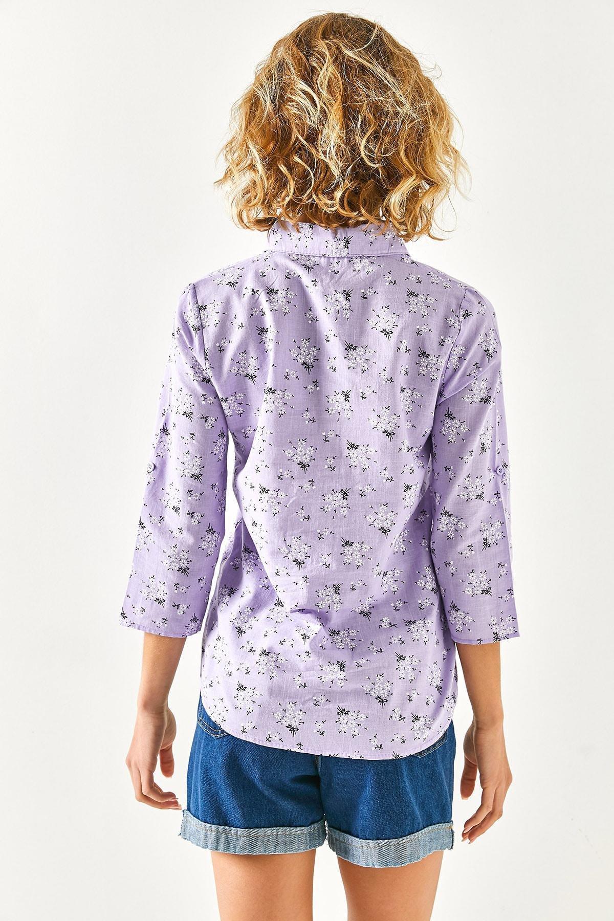 Womens Lilac Floral Fold Sleeve Linen Shirt GML-19000825, single, , large image number 7