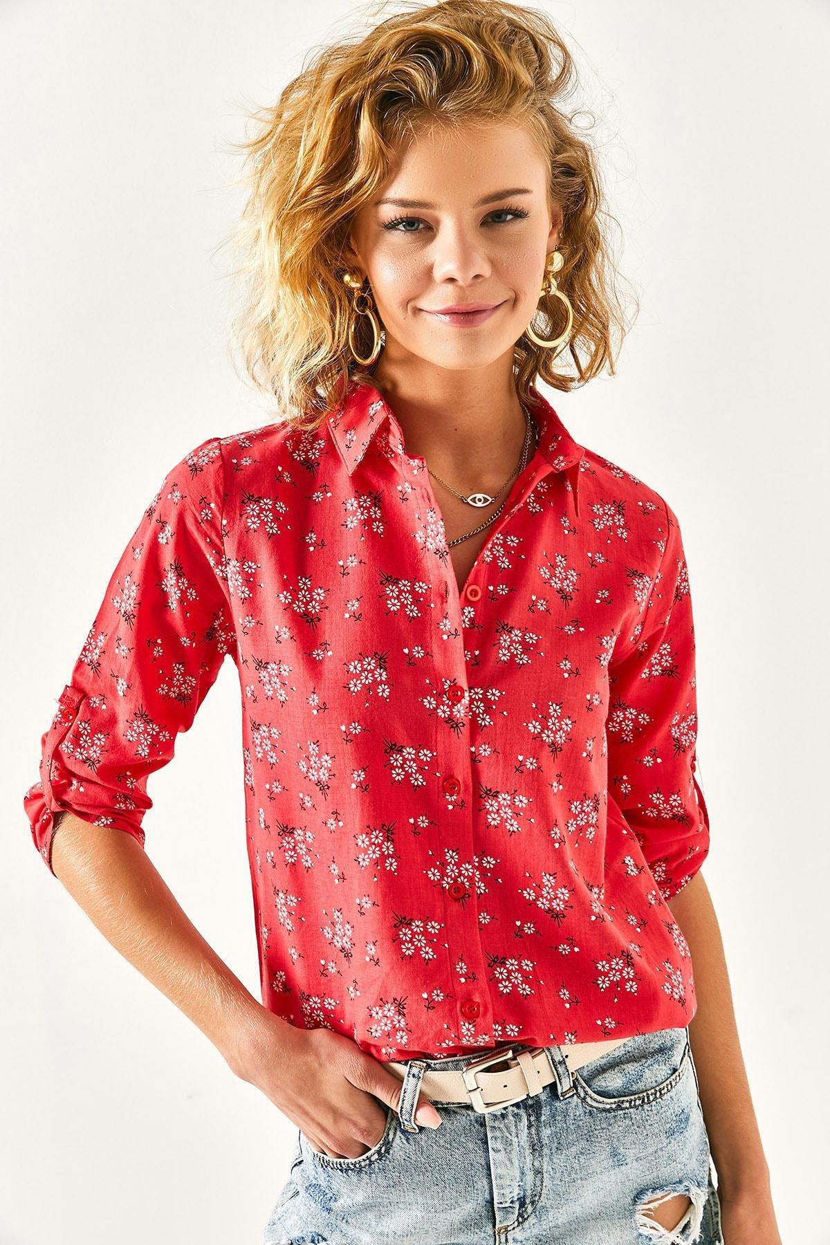 Womens Red Floral Sleeve Fold Linen Shirt GML-19000825, single, , large image number 1