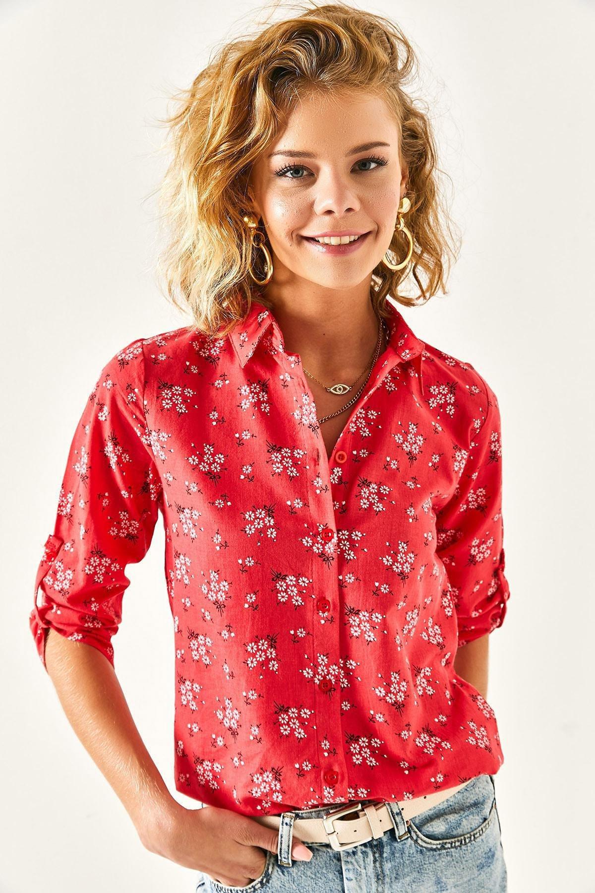 Womens Red Floral Sleeve Fold Linen Shirt GML-19000825, single, , large image number 2