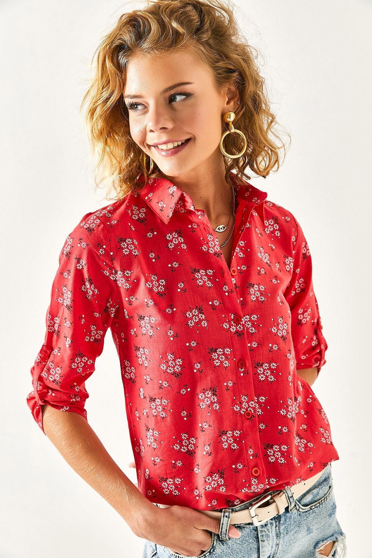 Womens Red Floral Sleeve Fold Linen Shirt GML-19000825, single, , large image number 3