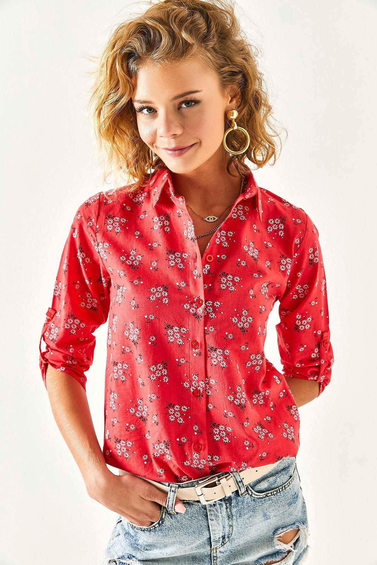 Womens Red Floral Sleeve Fold Linen Shirt GML-19000825, single, , large image number 4