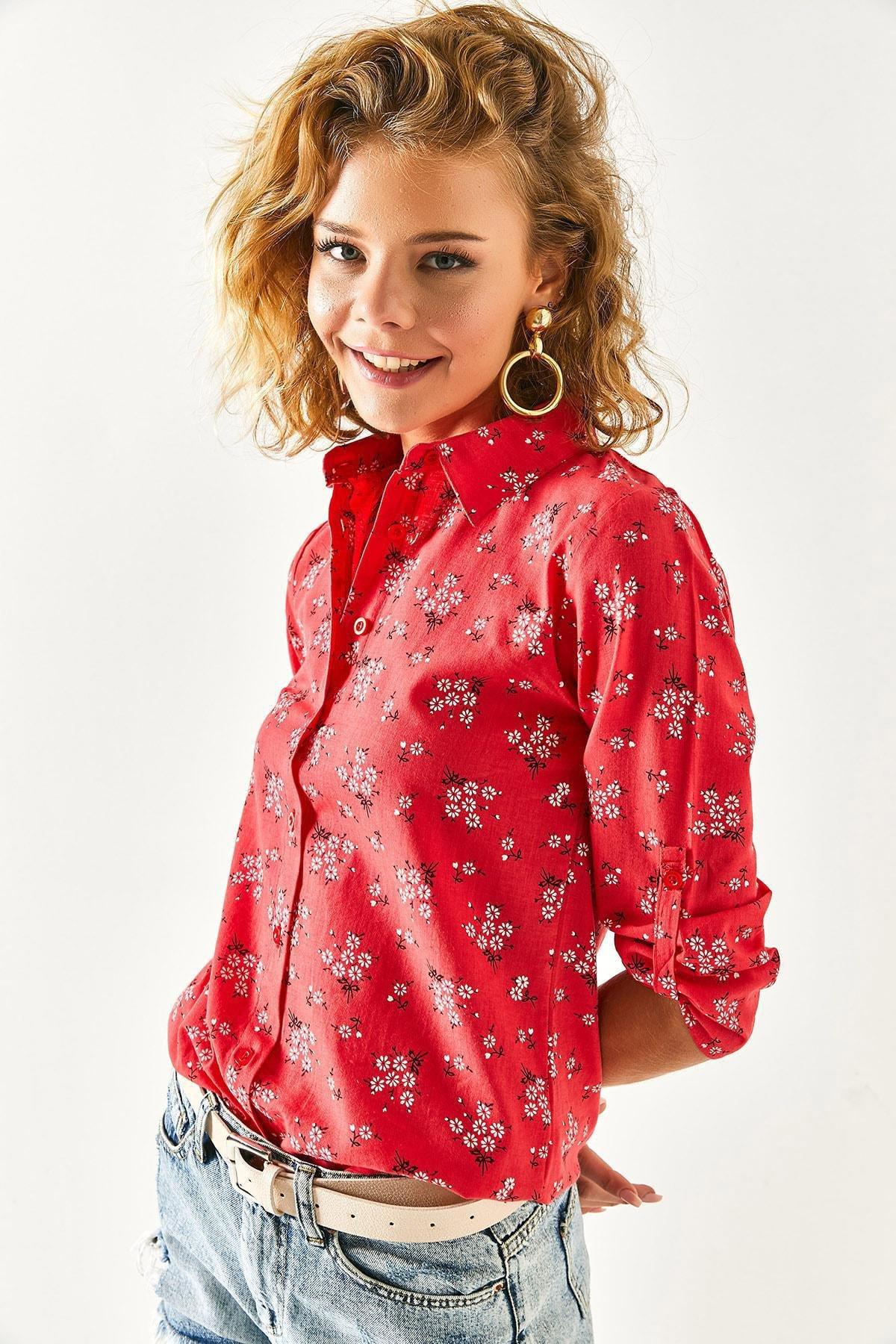 Womens Red Floral Sleeve Fold Linen Shirt GML-19000825, single, , large image number 5