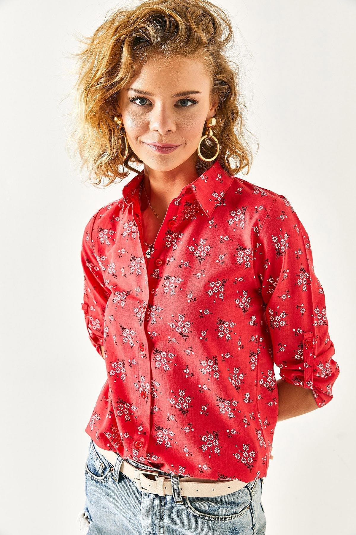 Womens Red Floral Sleeve Fold Linen Shirt GML-19000825, single, , large image number 6