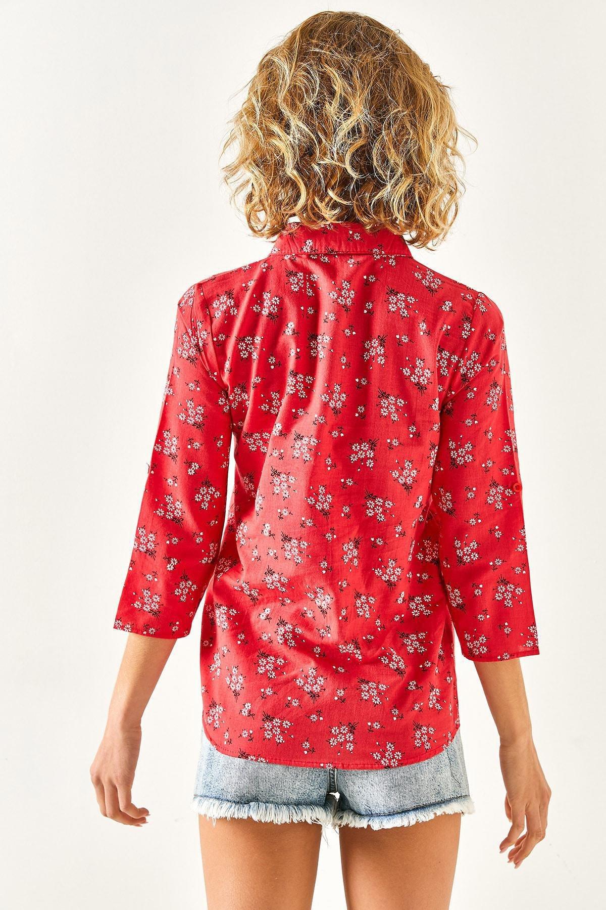 Womens Red Floral Sleeve Fold Linen Shirt GML-19000825, single, , large image number 7