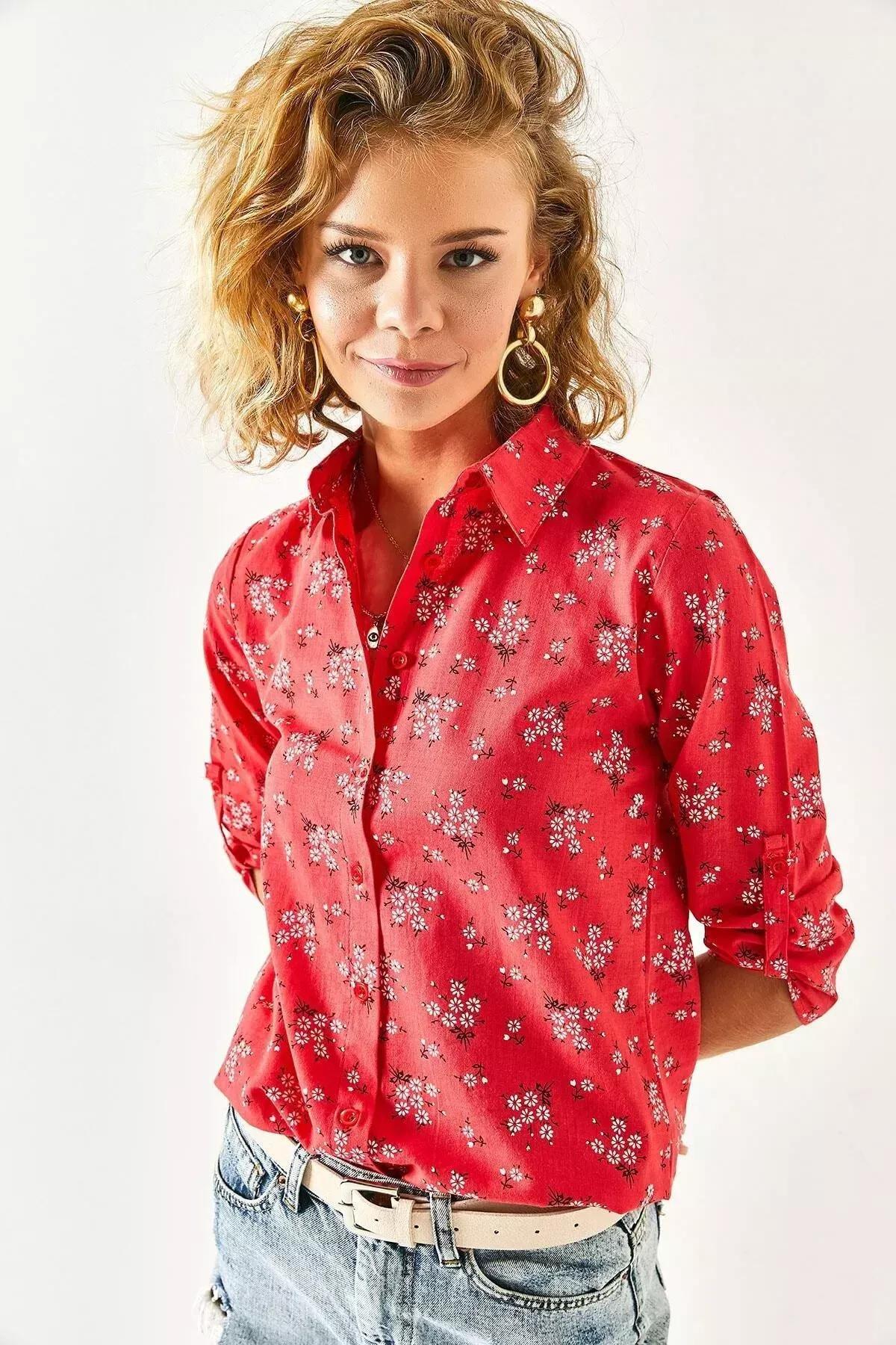 Red Floral Sleeve Fold Linen Shirt, , large image number 13