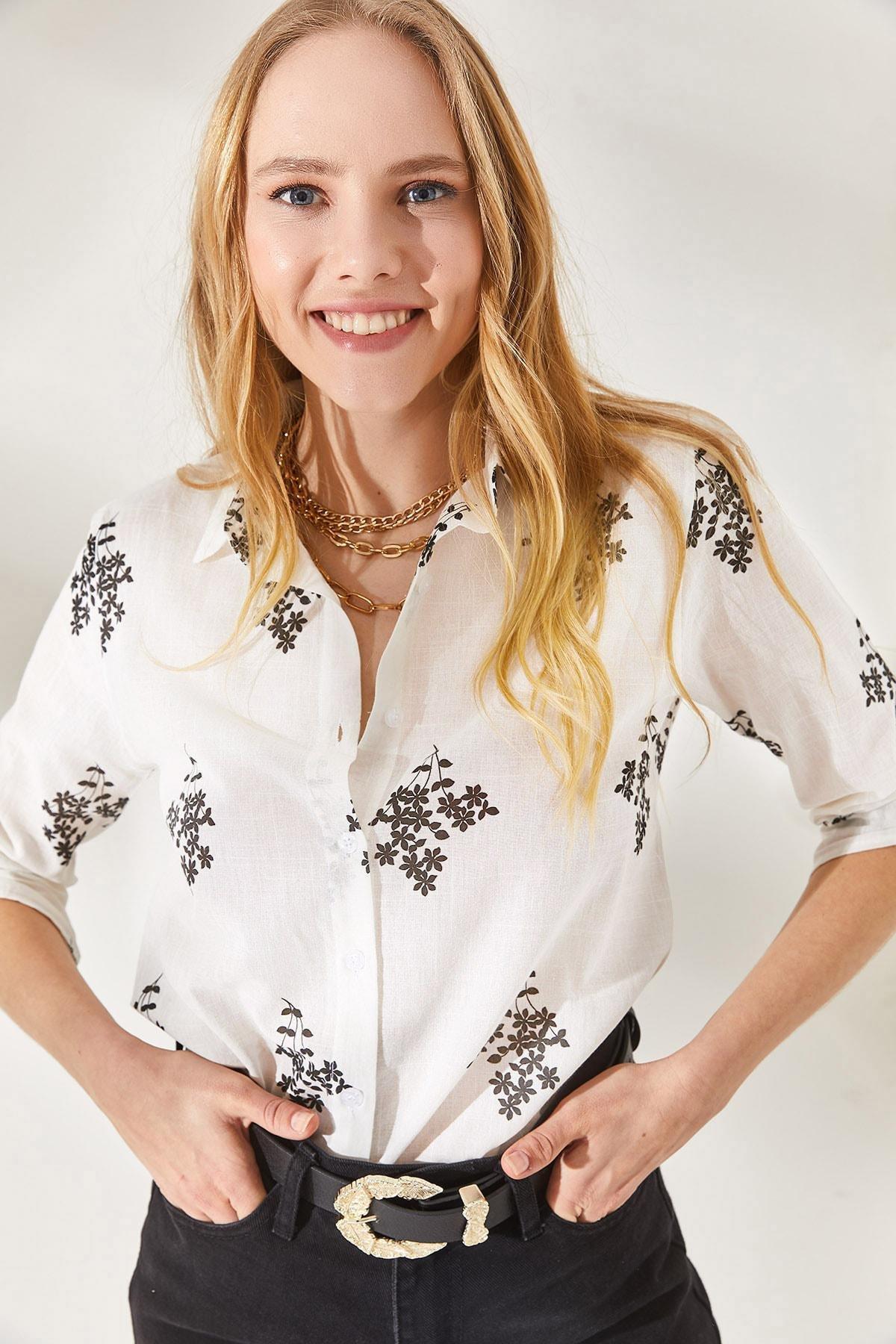 Womens Floral Black Fold Sleeve Linen Shirt GML-19000825, single, , large image number 0