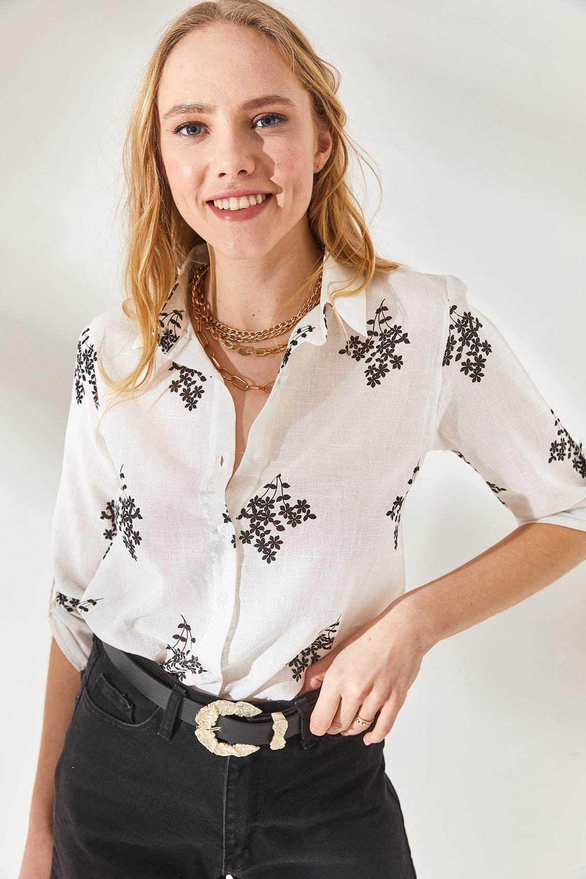 Womens Floral Black Fold Sleeve Linen Shirt GML-19000825, single, , large image number 1