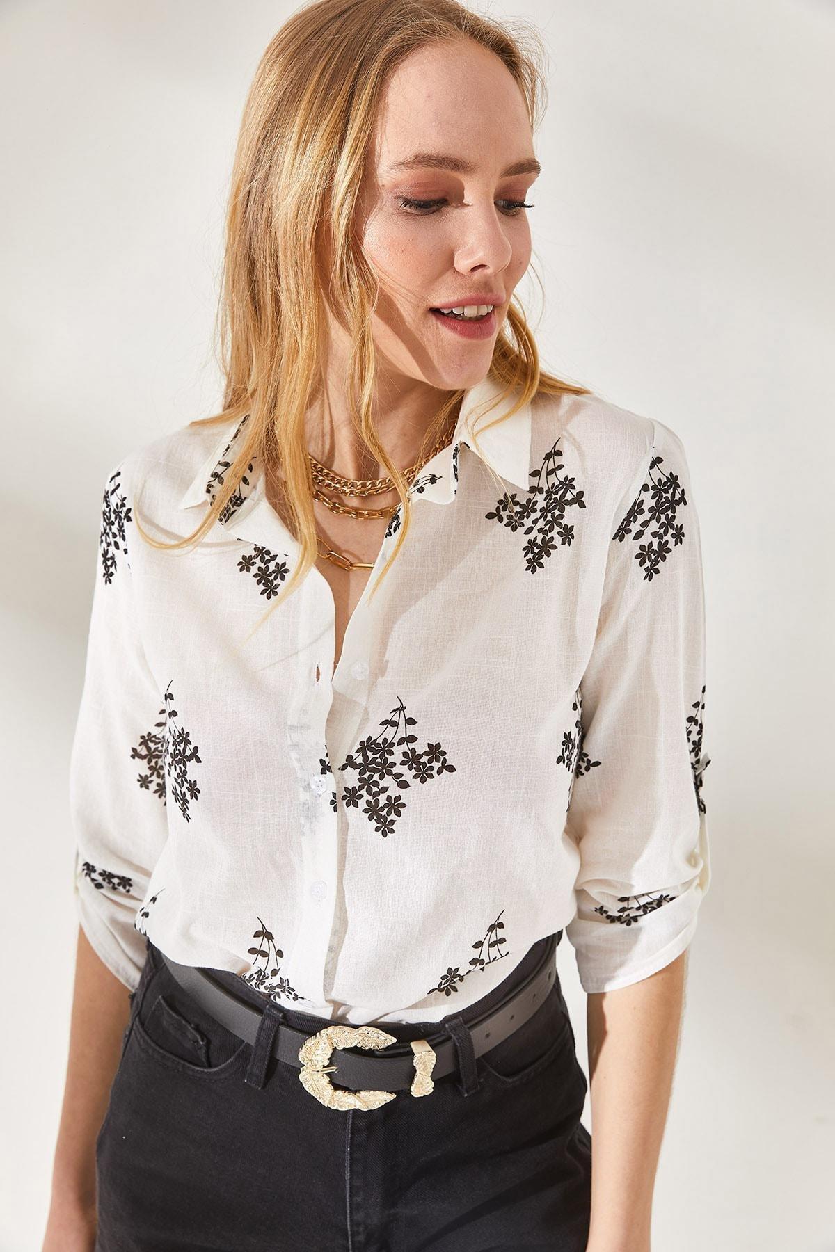 Womens Floral Black Fold Sleeve Linen Shirt GML-19000825, single, , large image number 2