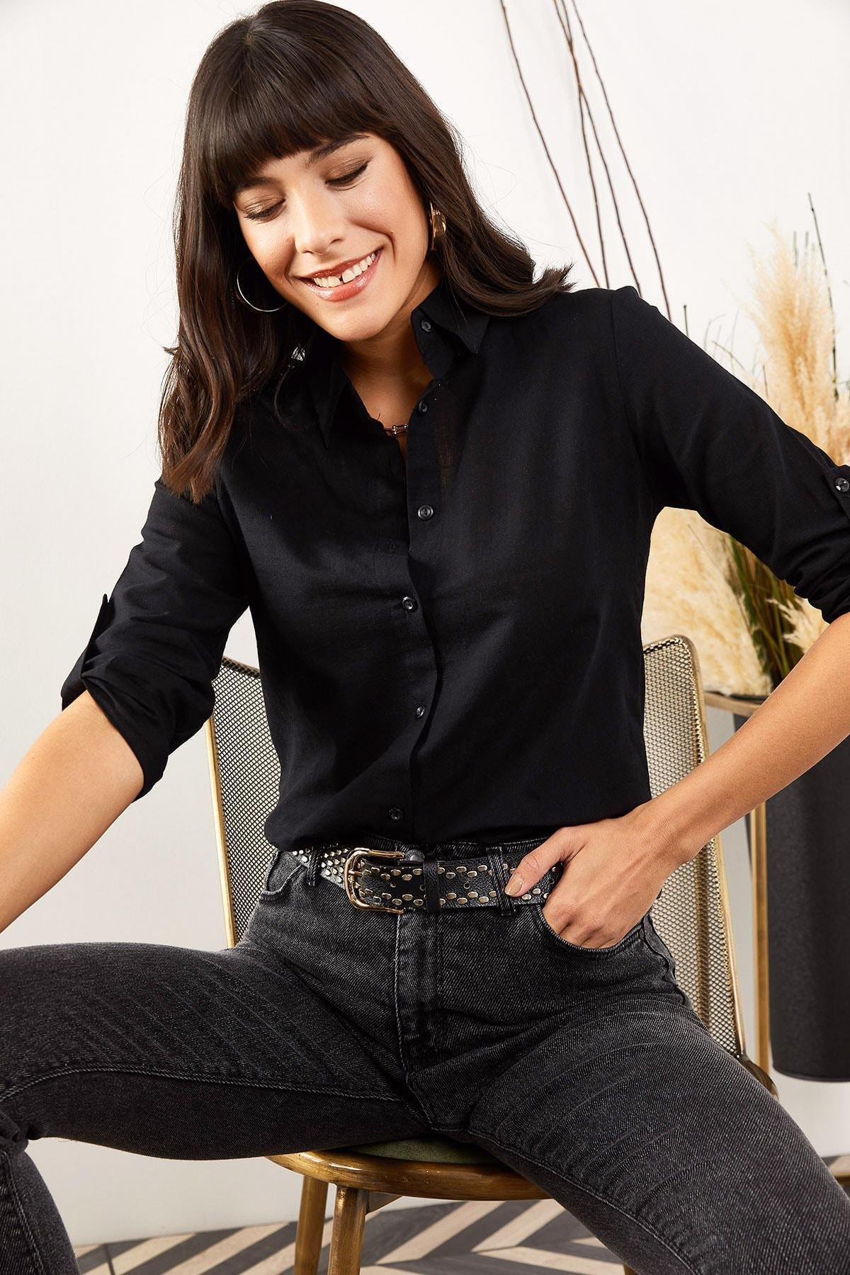 Black Fold-Over Sleeves Linen Shirt, , large image number 0