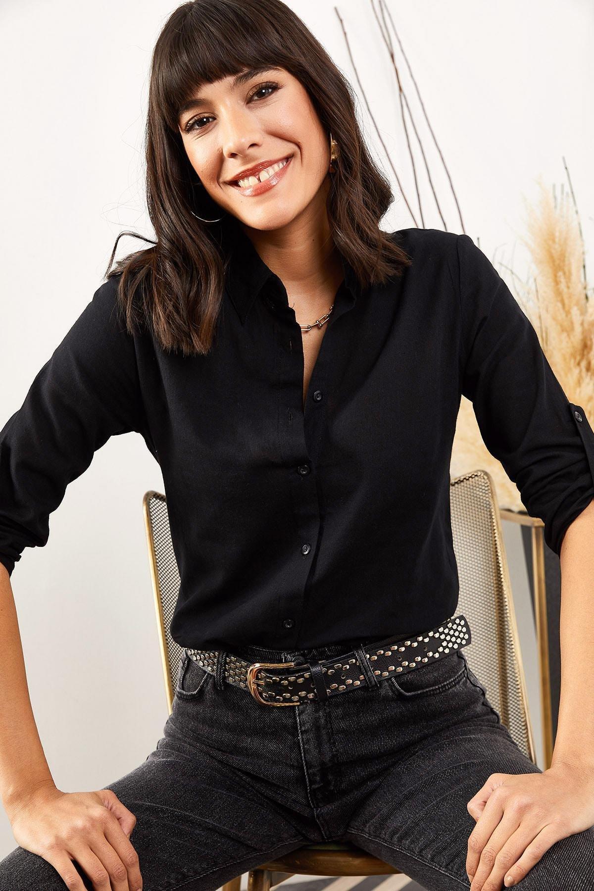 Black Fold-Over Sleeves Linen Shirt, , large image number 1