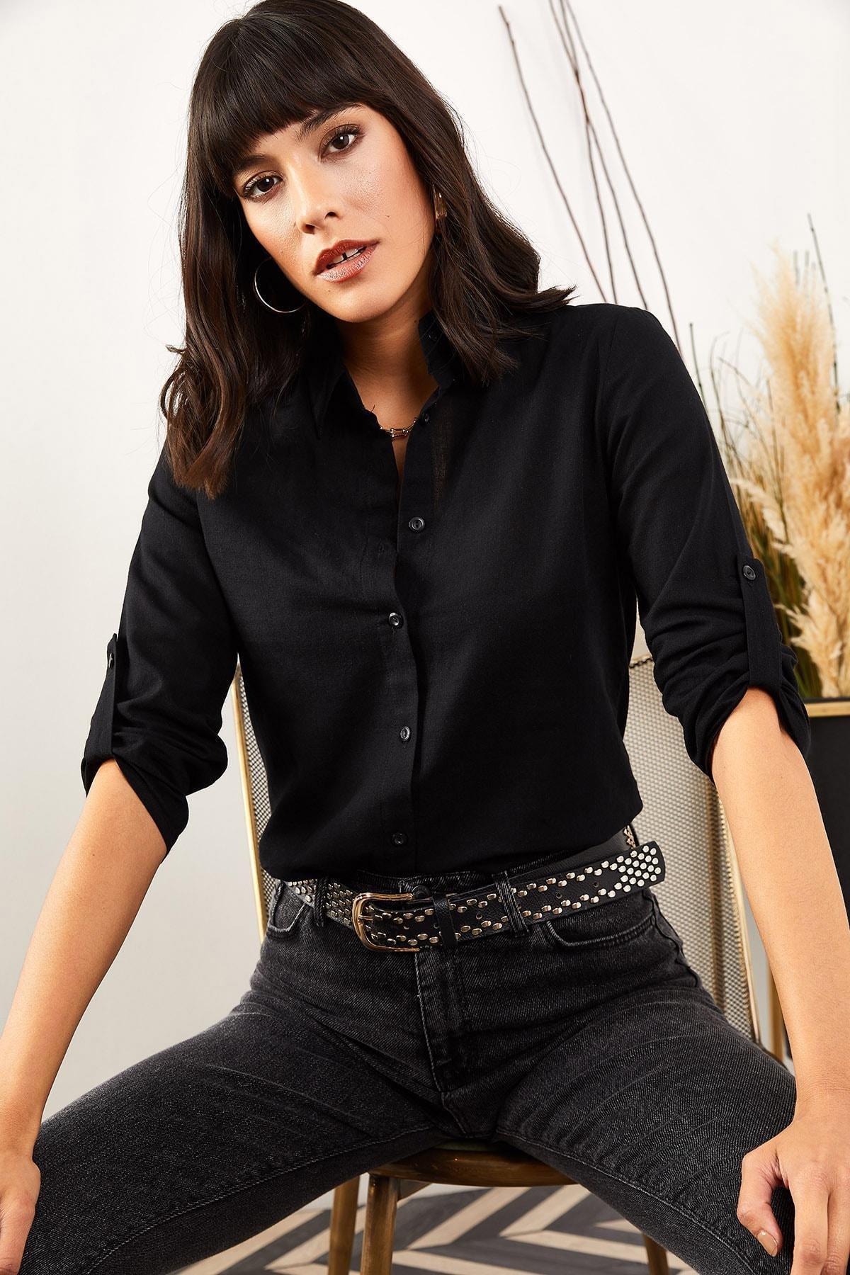 Black Fold-Over Sleeves Linen Shirt, , large image number 2