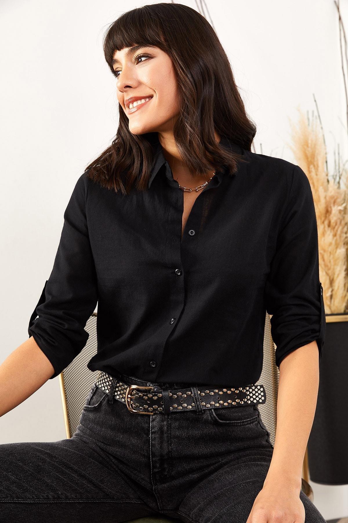 Black Fold-Over Sleeves Linen Shirt, , large image number 3