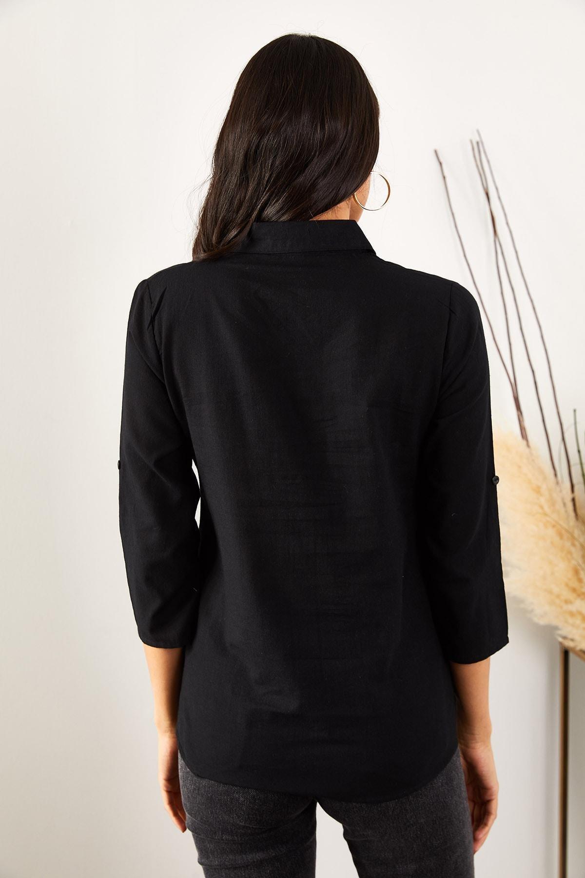 Black Fold-Over Sleeves Linen Shirt, , large image number 4