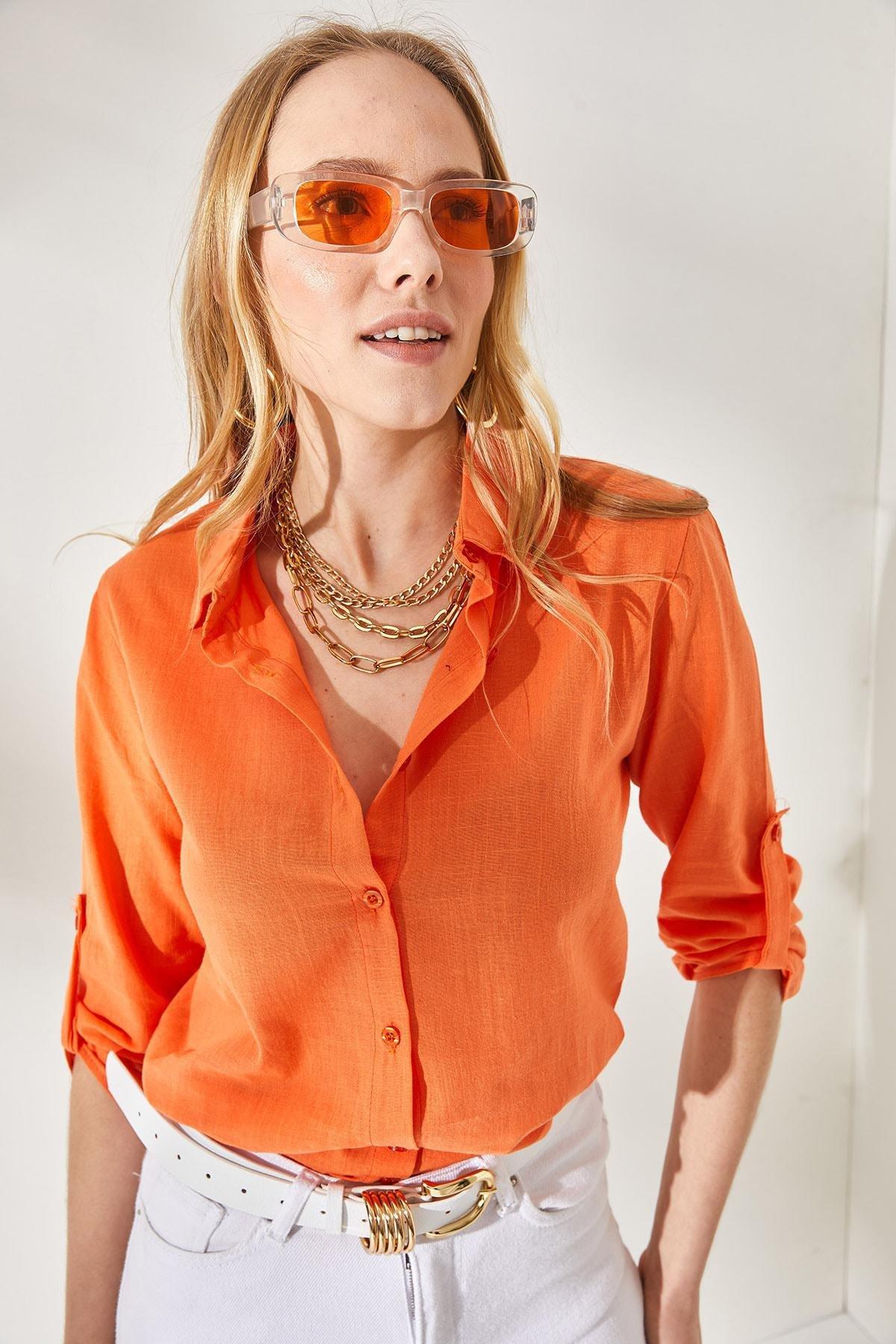 Orange Folding Sleeves Linen Shirt, , large image number 1