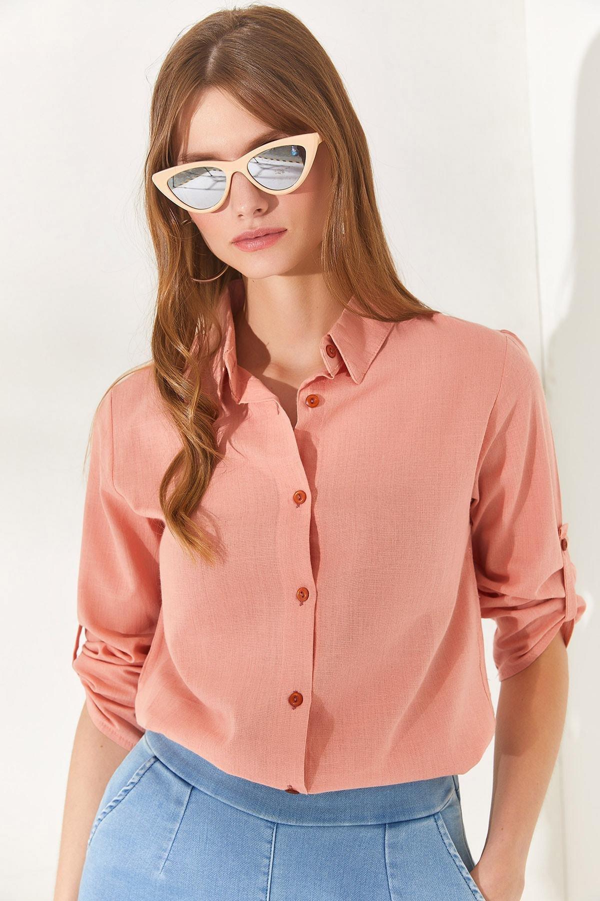 Pink Sleeve Fold Linen Shirt, POWDER, medium
