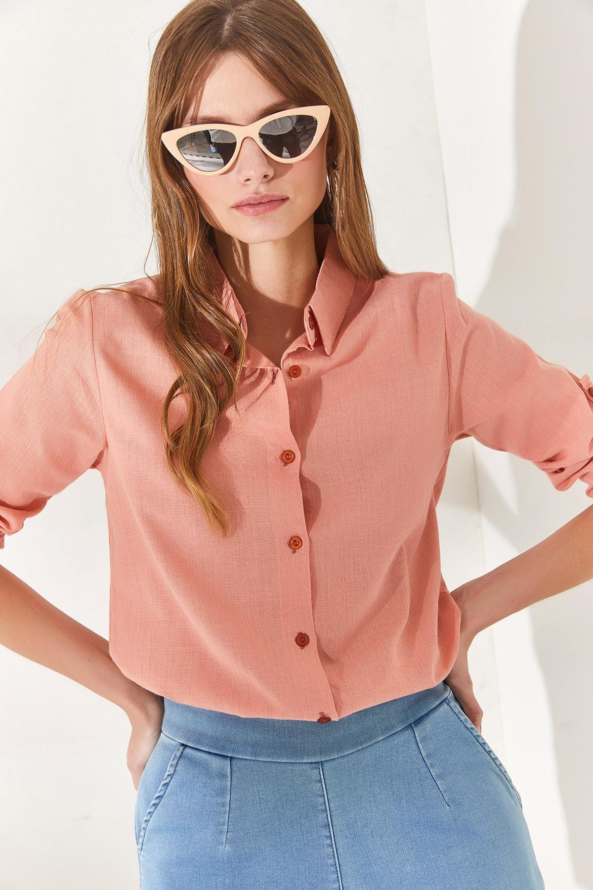 Pink Sleeve Fold Linen Shirt, POWDER, large image number 1