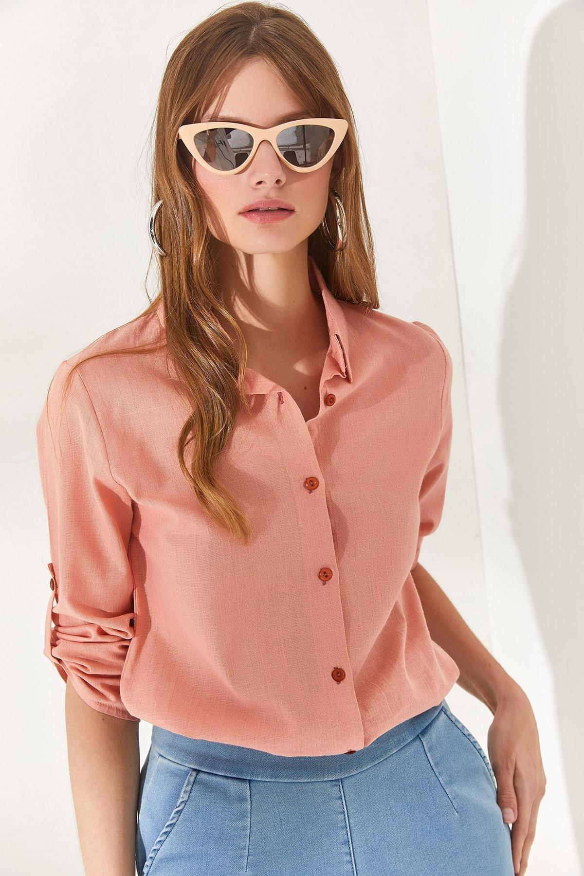 Pink Sleeve Fold Linen Shirt, POWDER, large image number 2